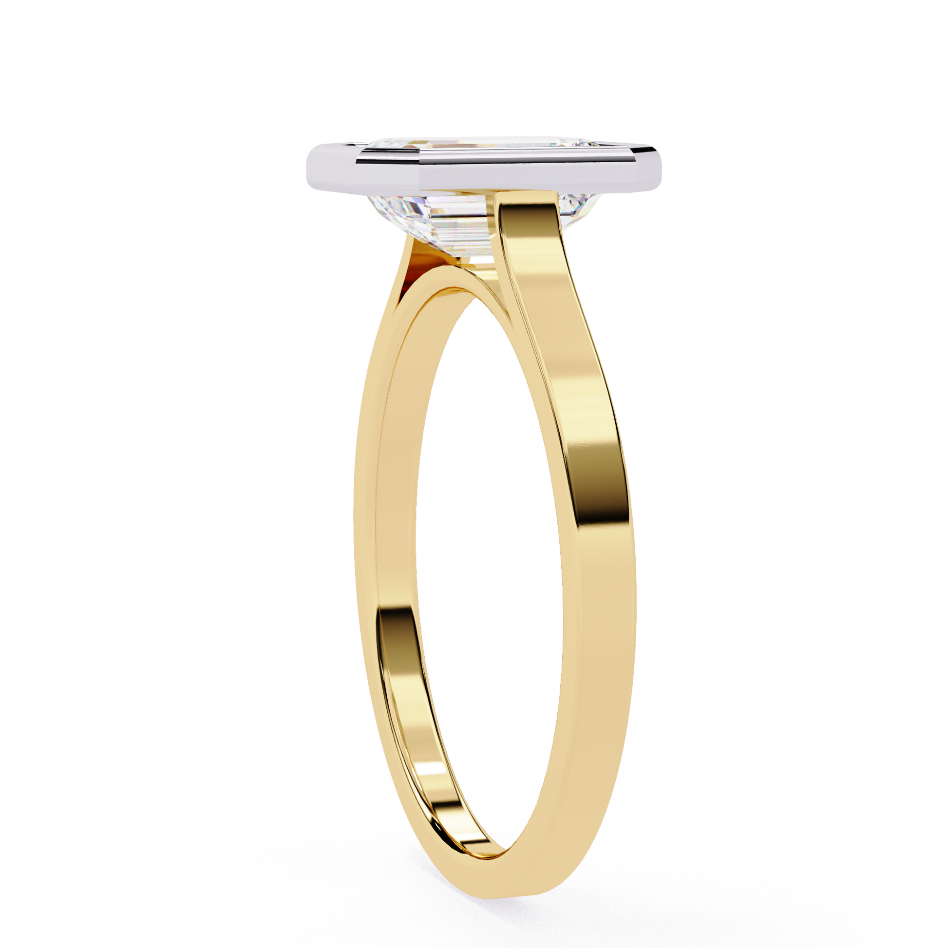 features a brilliant Emerald-cut diamond securely encased within a smooth 18K Gold bezel