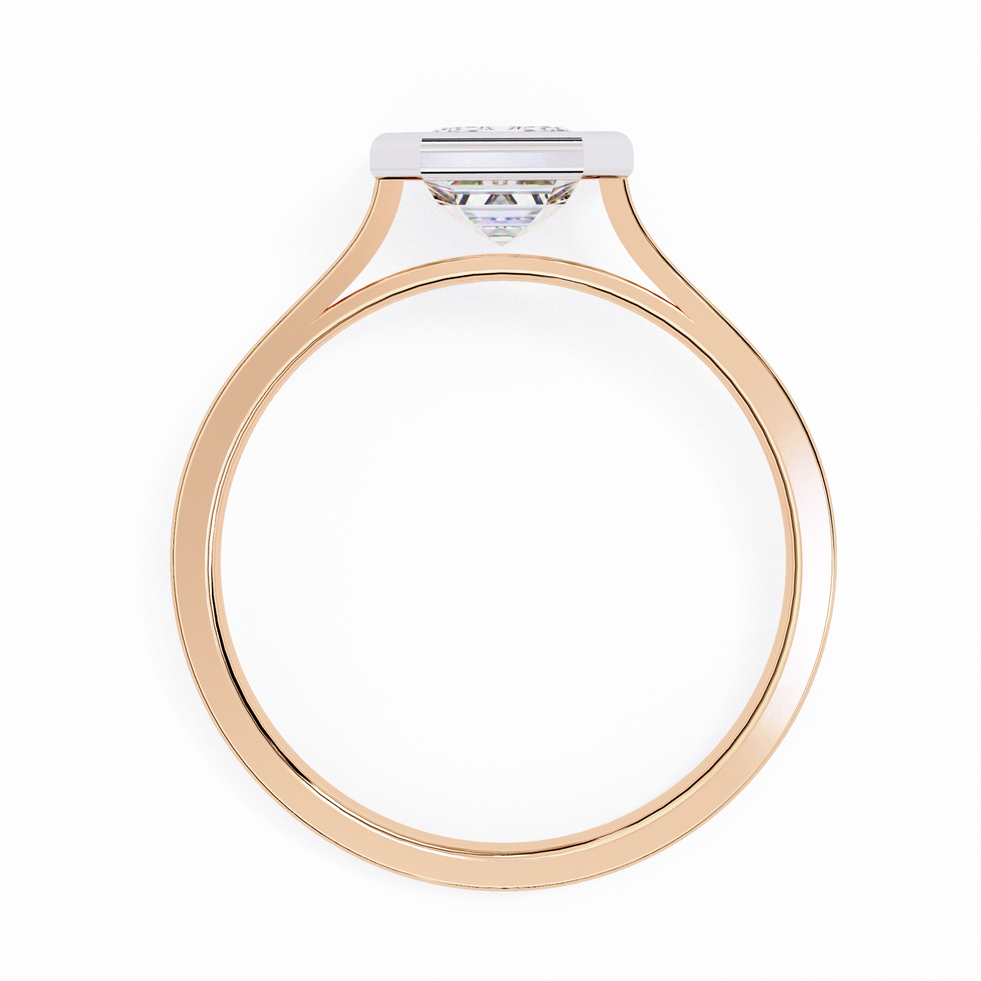 features a brilliant Emerald-cut diamond securely encased within a smooth 18K Gold bezel
