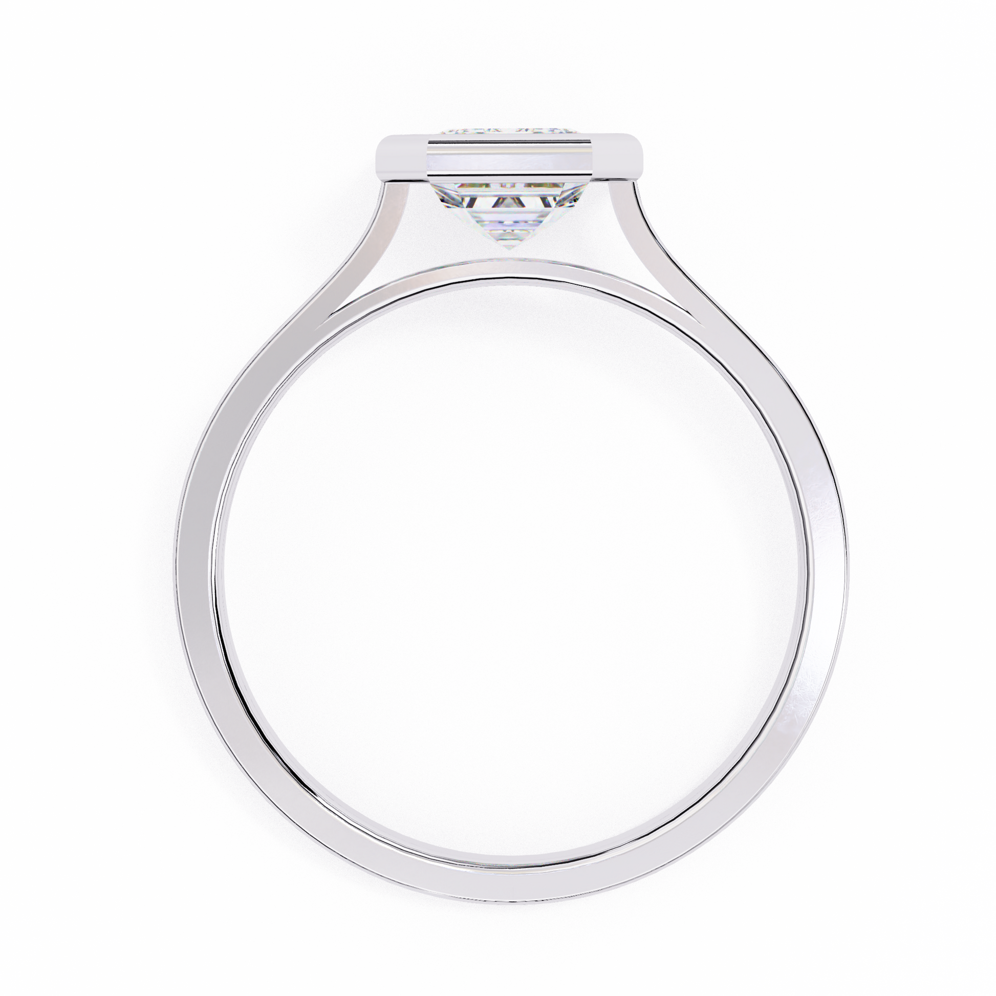features a brilliant Emerald-cut diamond securely encased within a smooth 18K Gold bezel