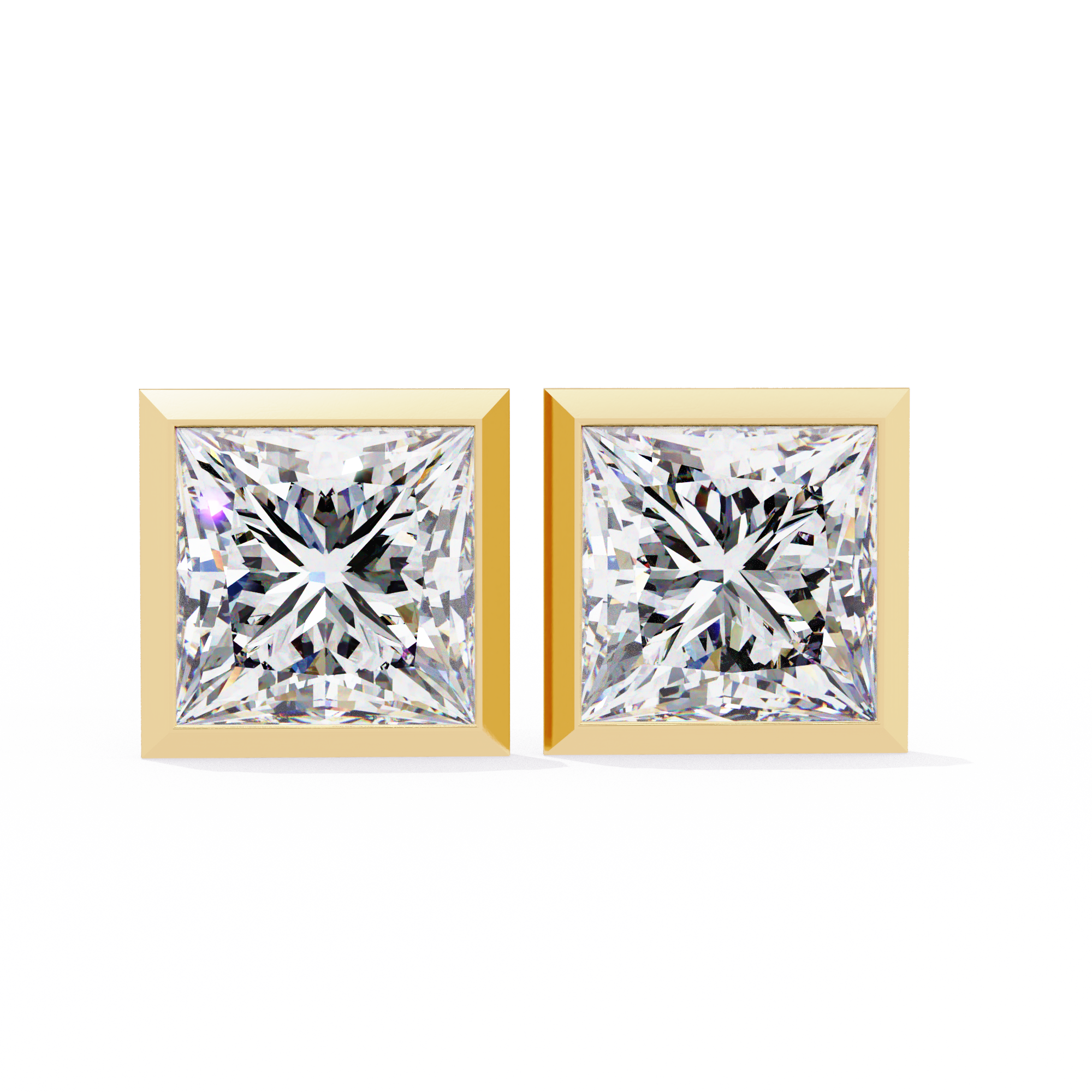 Pair of diamond stud earrings with gold prongs on a white background