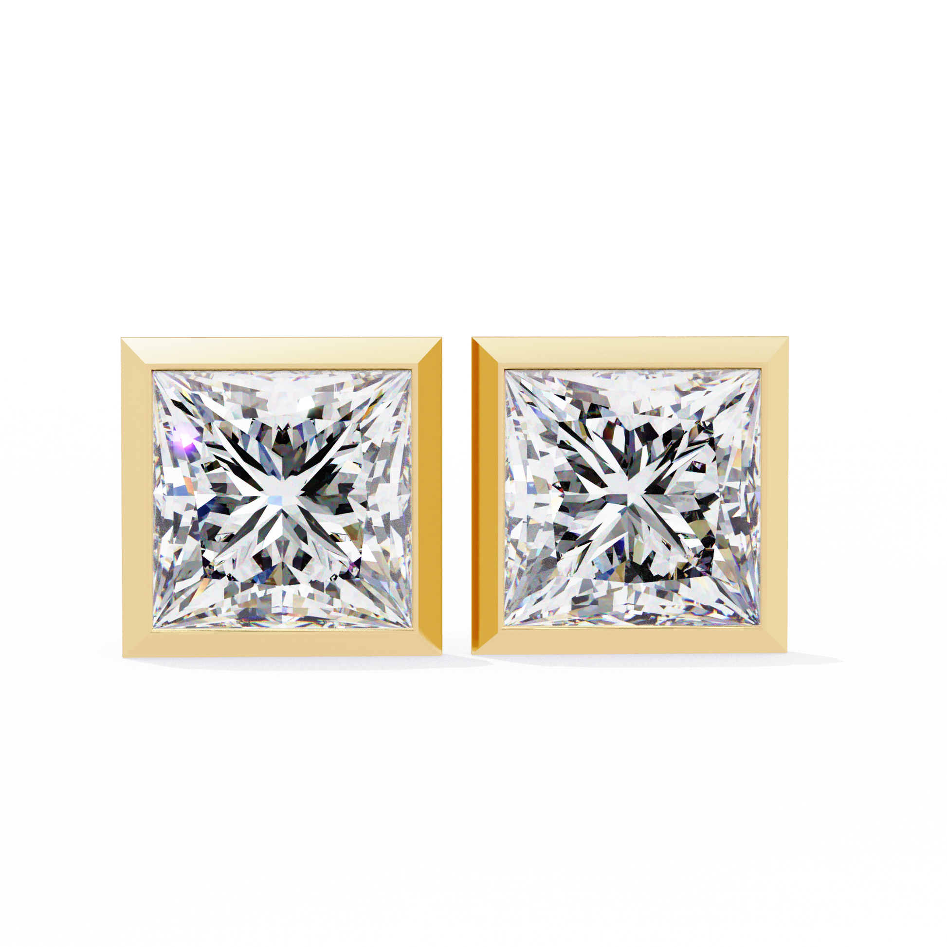 Pair of diamond stud earrings with gold prongs on a white background