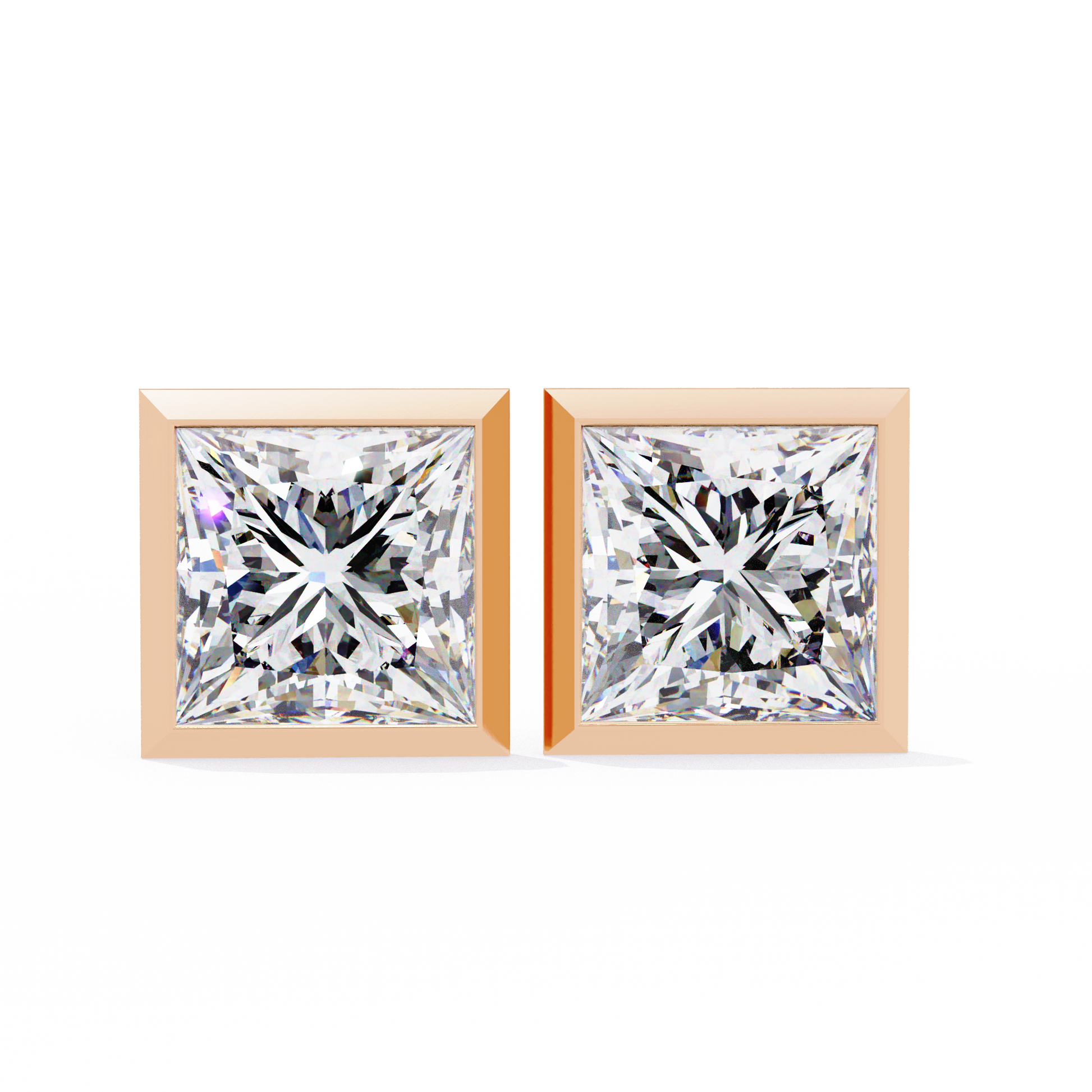 Pair of diamond stud earrings with rose gold prongs on a white background
