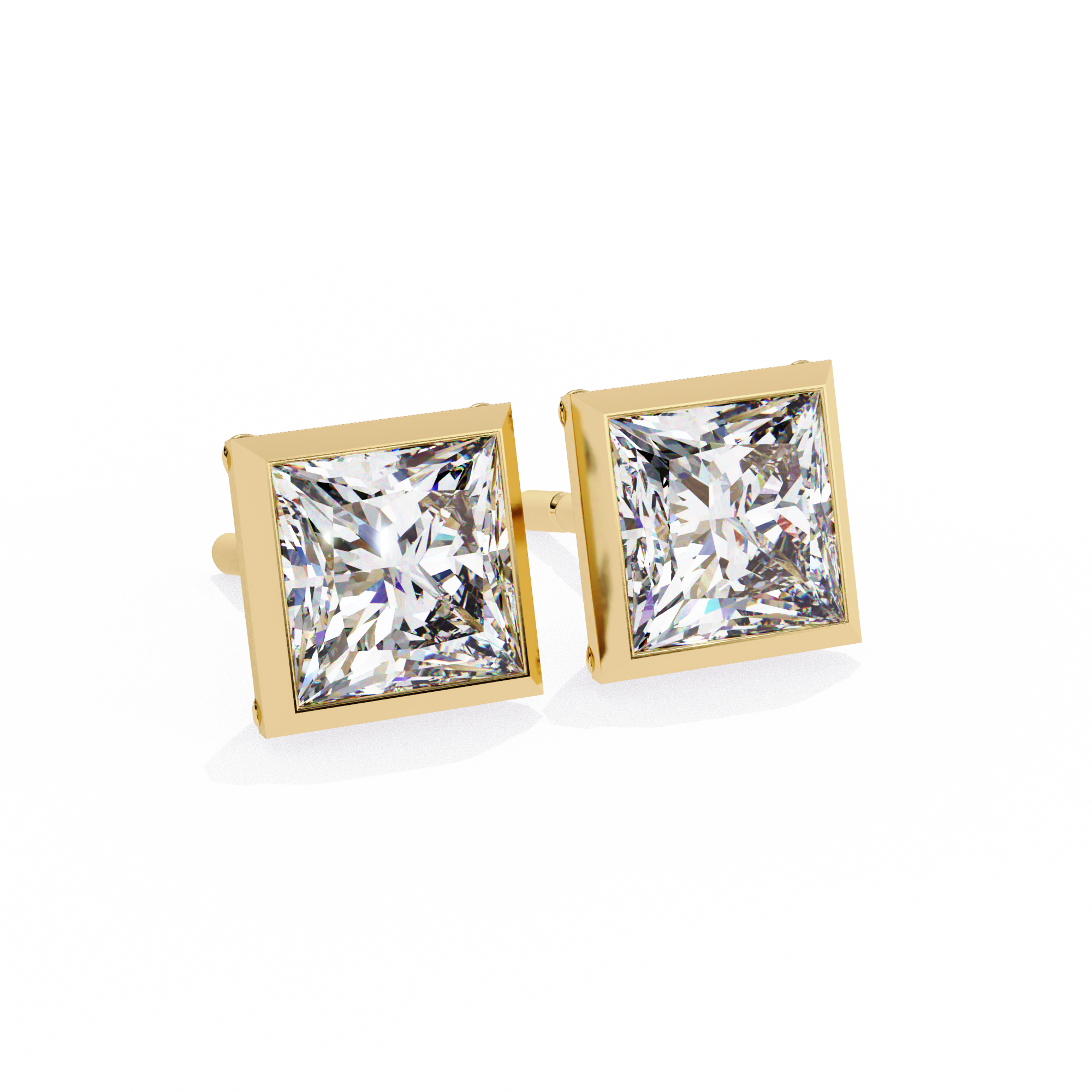Pair of diamond stud earrings with gold prongs on a white background