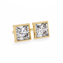 Pair of diamond stud earrings with gold prongs on a white background