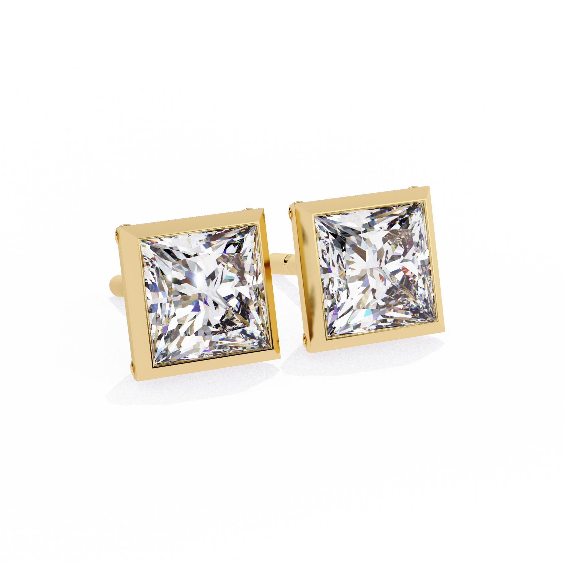 Pair of diamond stud earrings with gold prongs on a white background
