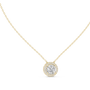 Gold necklace with a round diamond pendant on a white background