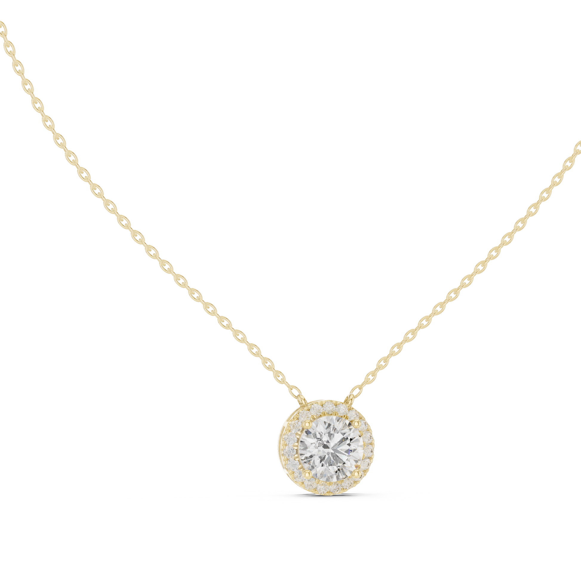 Gold necklace with a round diamond pendant on a white background