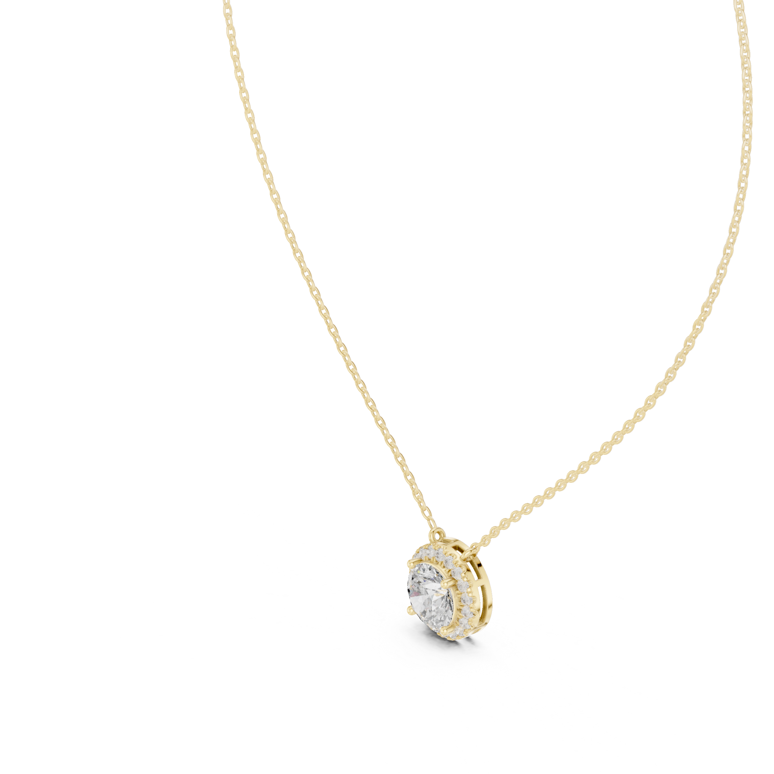 Gold necklace with a round diamond pendant on a white background