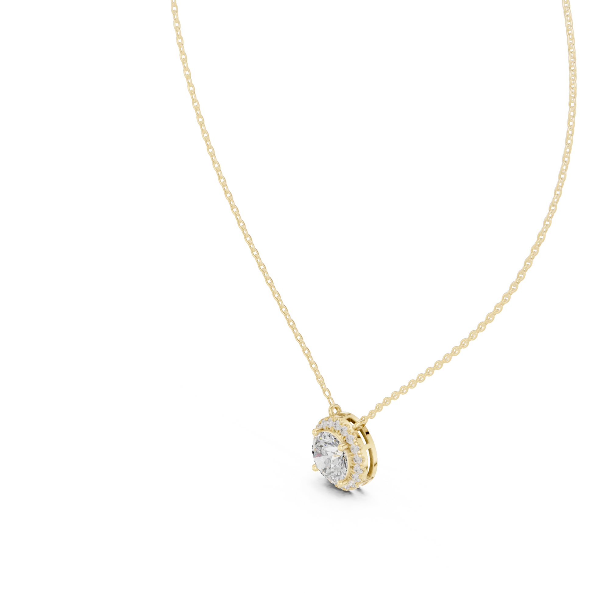 Gold necklace with a round diamond pendant on a white background
