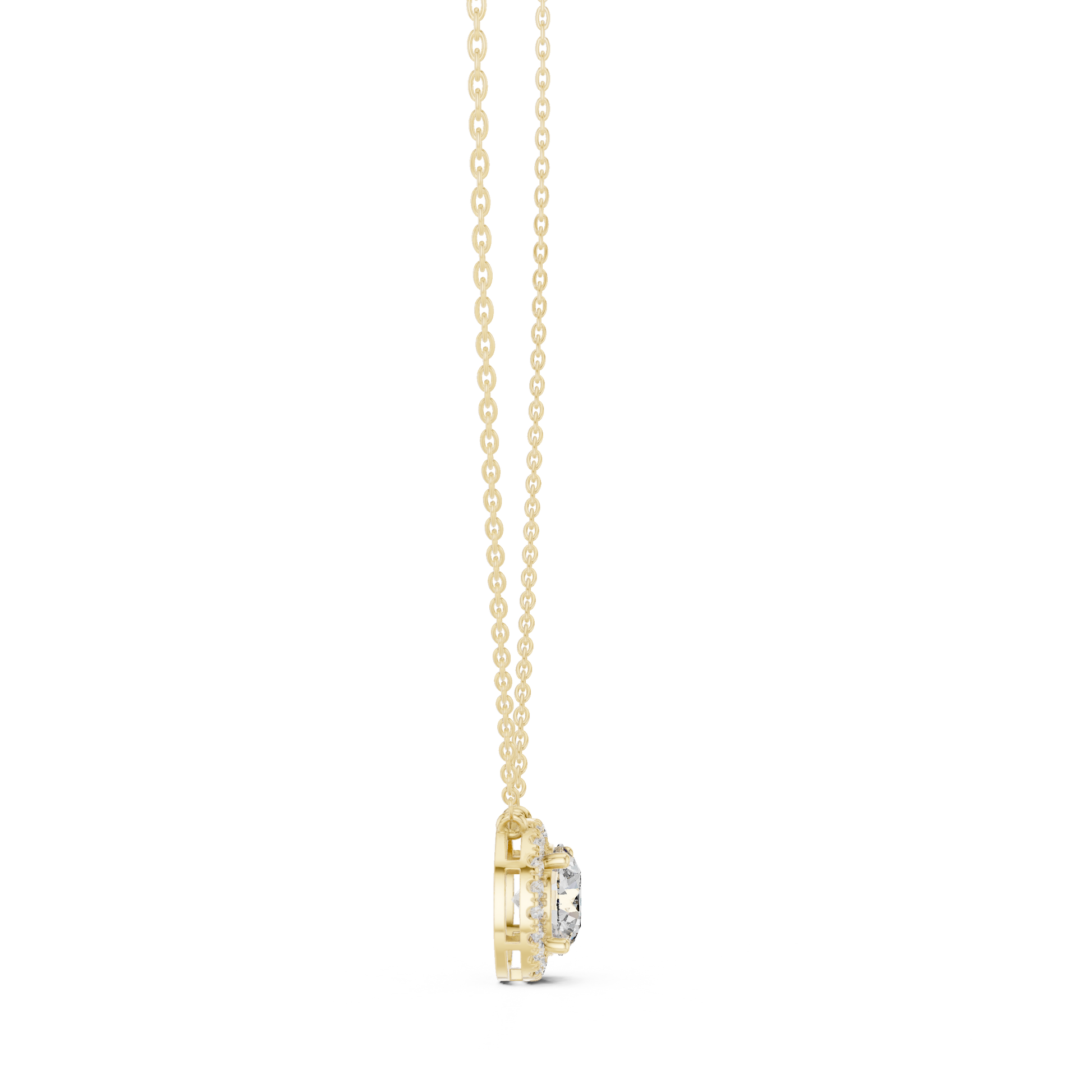Gold necklace with a diamond pendant on a white background