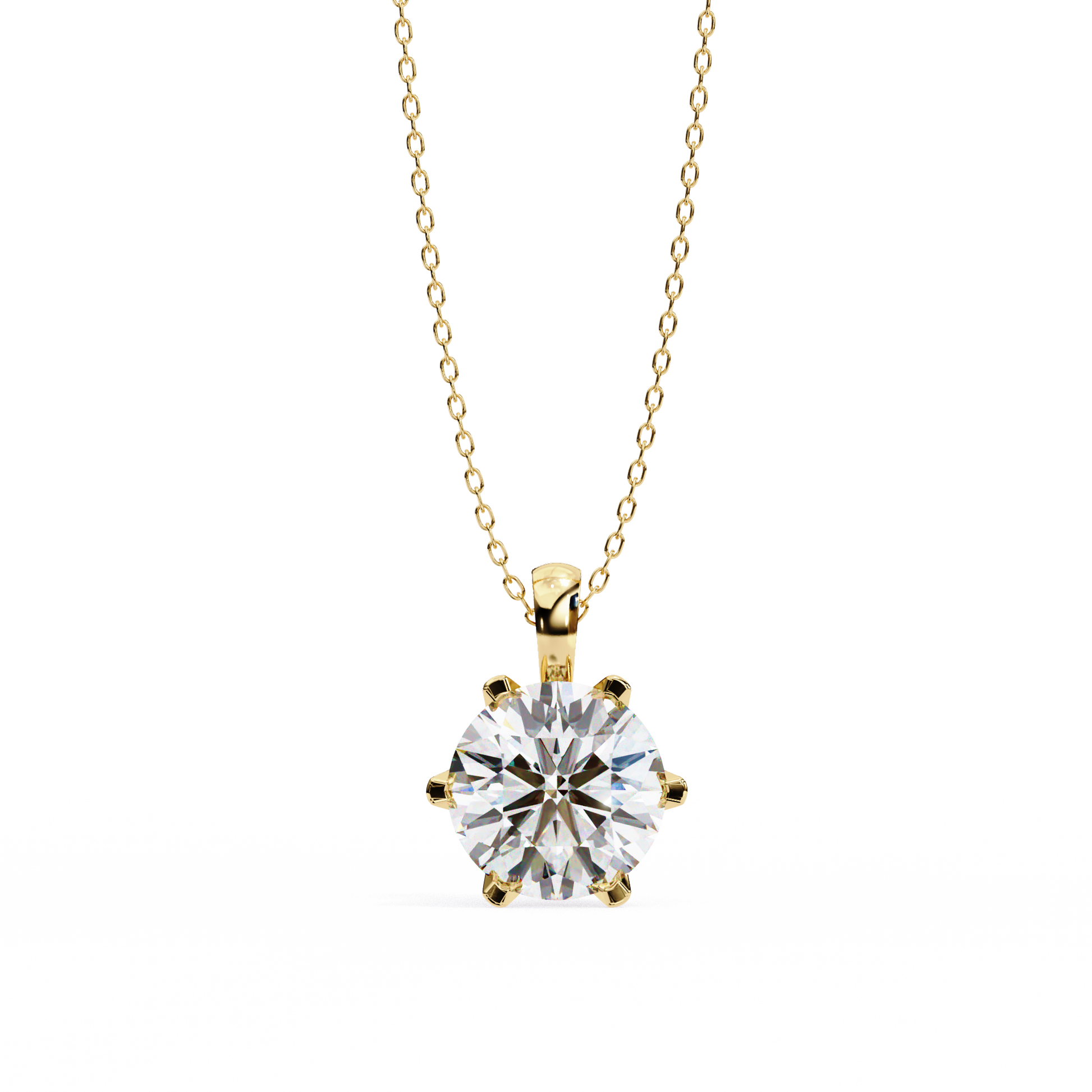 Gold necklace with a round diamond pendant on a white background