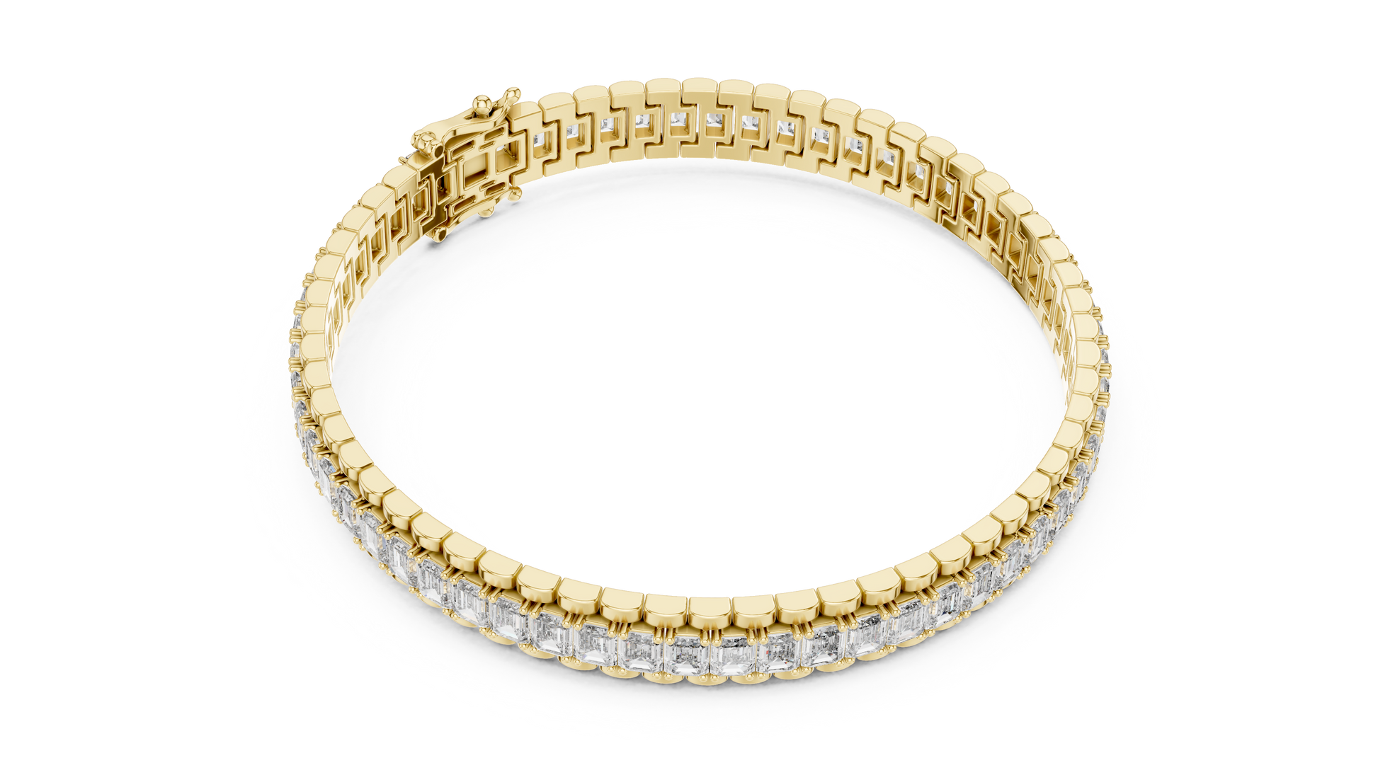 Modern Tennis Bracelet features Emerald-cut diamonds meticulously secured within a seamless 18K Gold channel