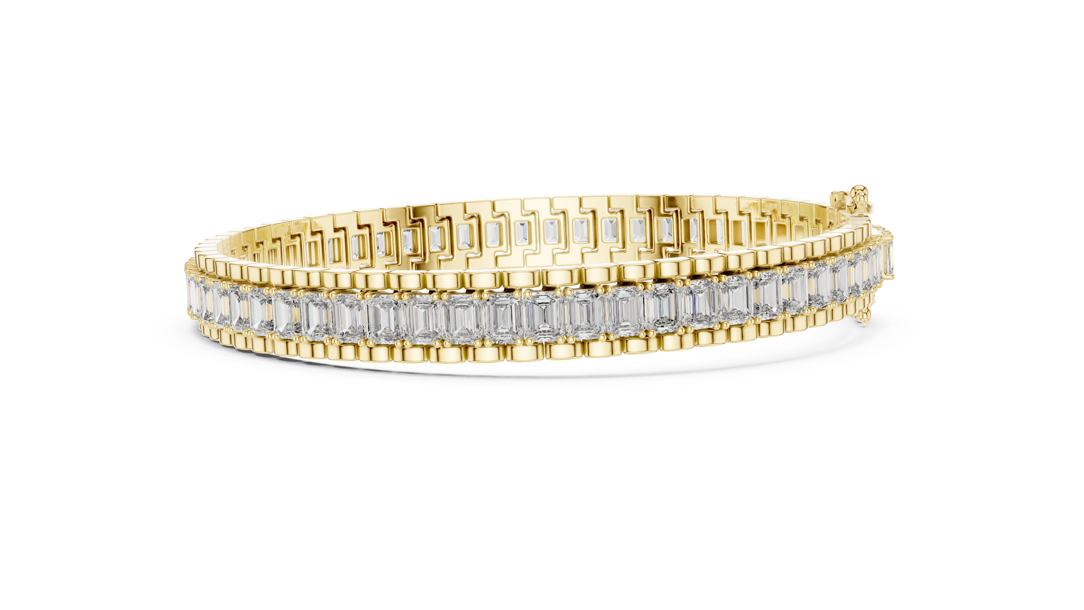 Modern Tennis Bracelet features Emerald-cut diamonds meticulously secured within a seamless 18K Gold channel
