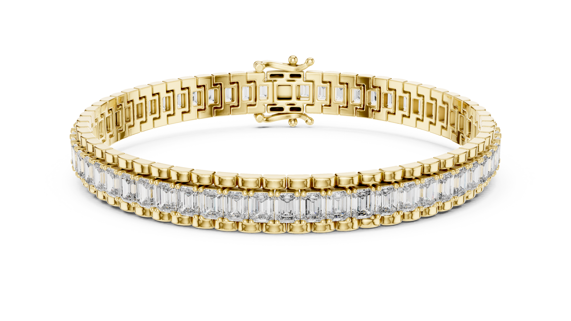 Modern Tennis Bracelet features Emerald-cut diamonds meticulously secured within a seamless 18K Gold channel
