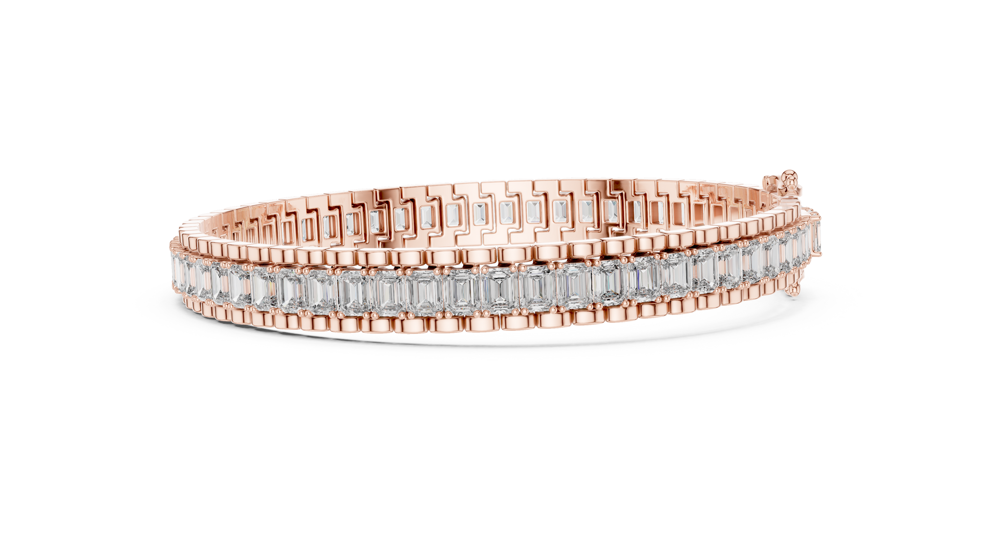 Modern Tennis Bracelet features Emerald-cut diamonds meticulously secured within a seamless 18K Gold channel