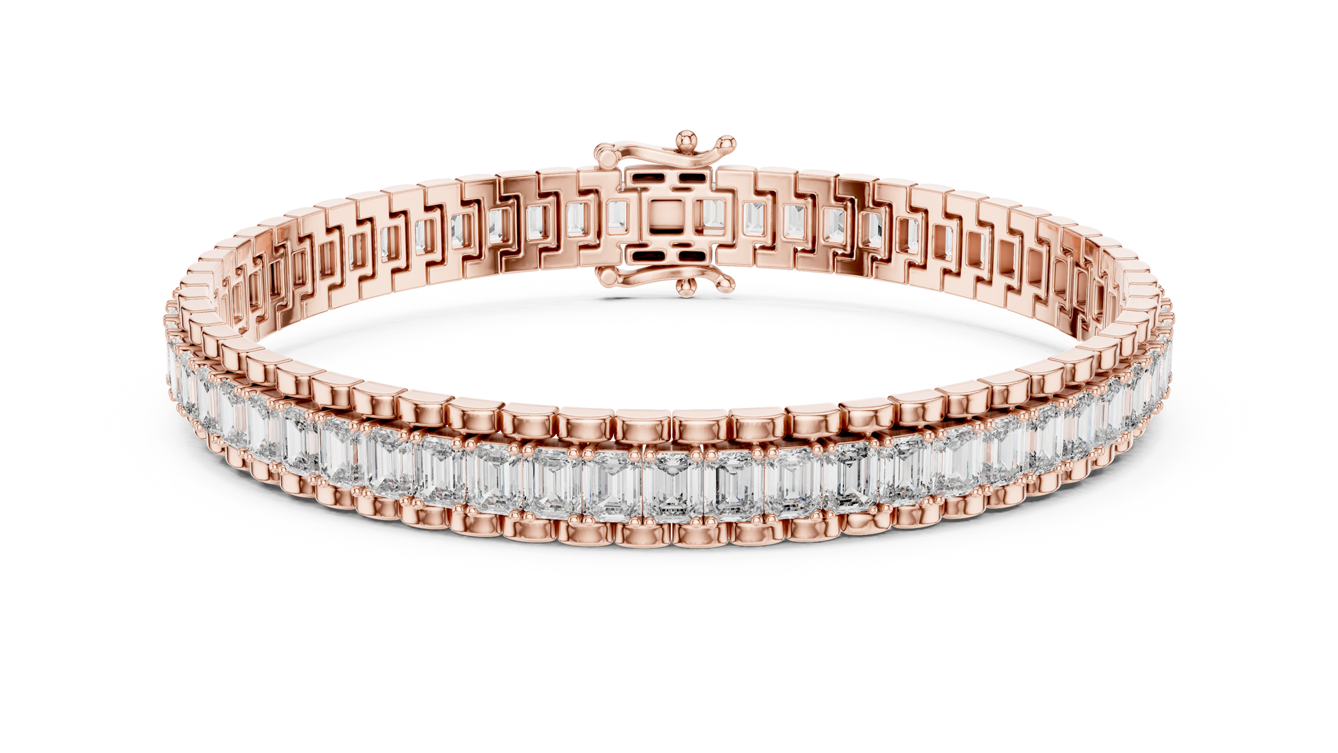 Modern Tennis Bracelet features Emerald-cut diamonds meticulously secured within a seamless 18K Gold channel