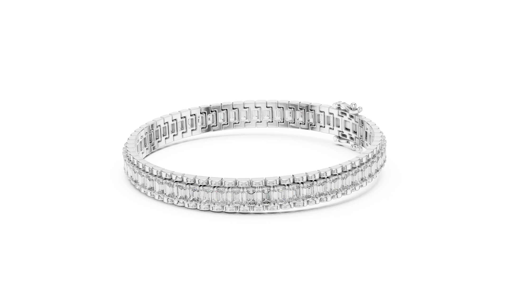 White gold bracelet with rectangular gemstones on a white background