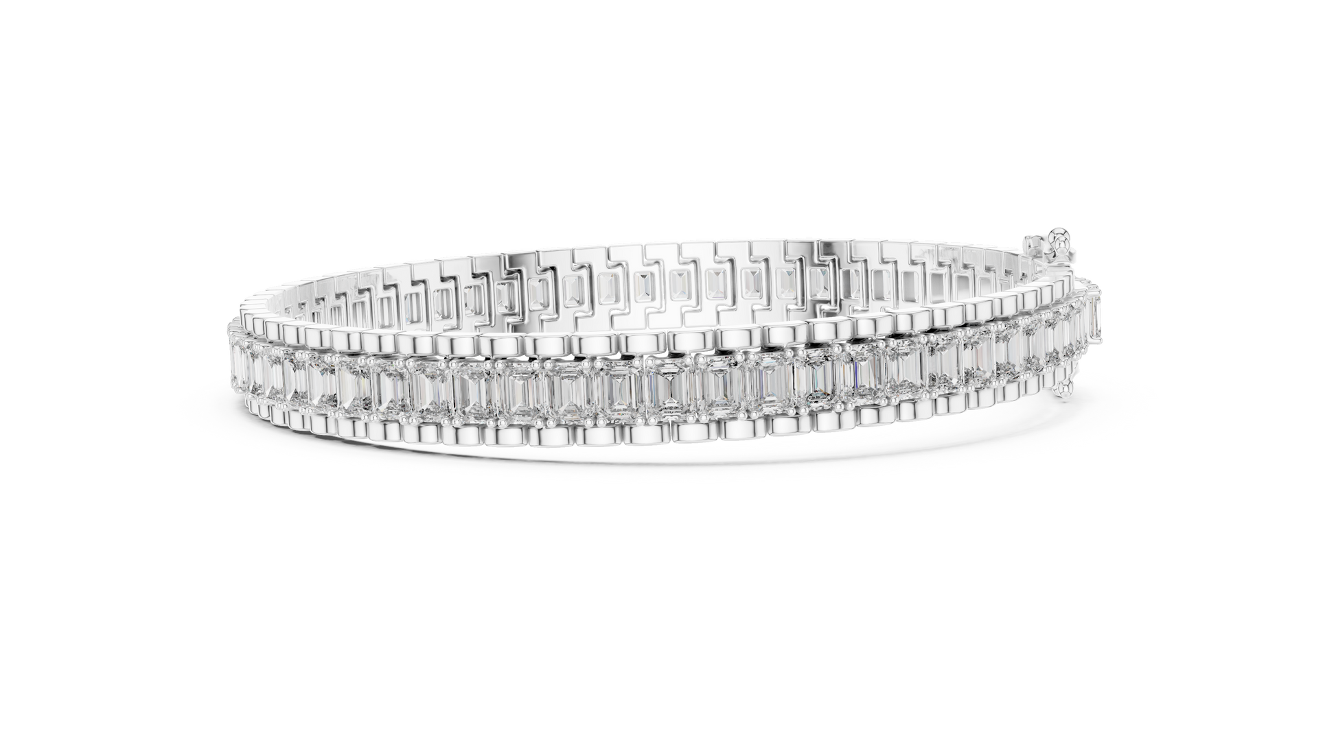 Modern Tennis Bracelet features Emerald-cut diamonds meticulously secured within a seamless 18K Gold channel