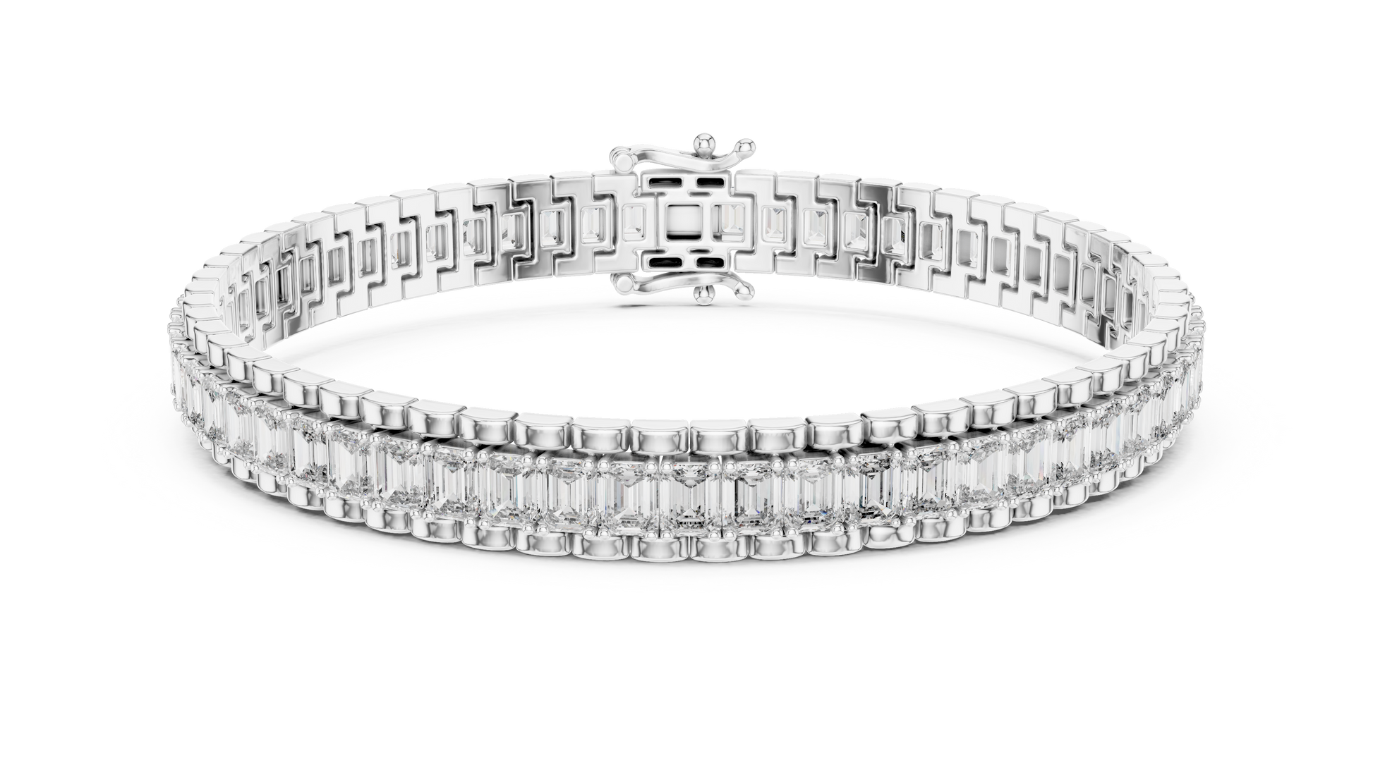 Modern Tennis Bracelet features Emerald-cut diamonds meticulously secured within a seamless 18K Gold channel
