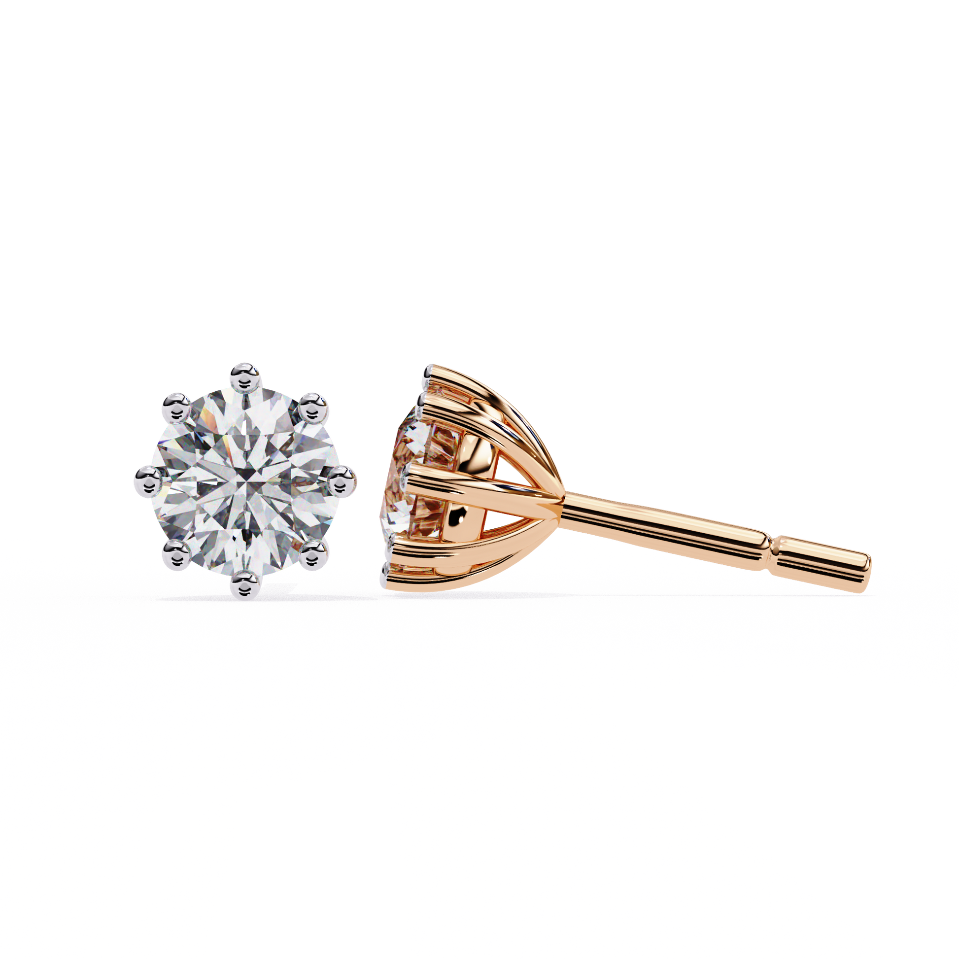 Rose gold and silver diamond stud earrings on a white background
