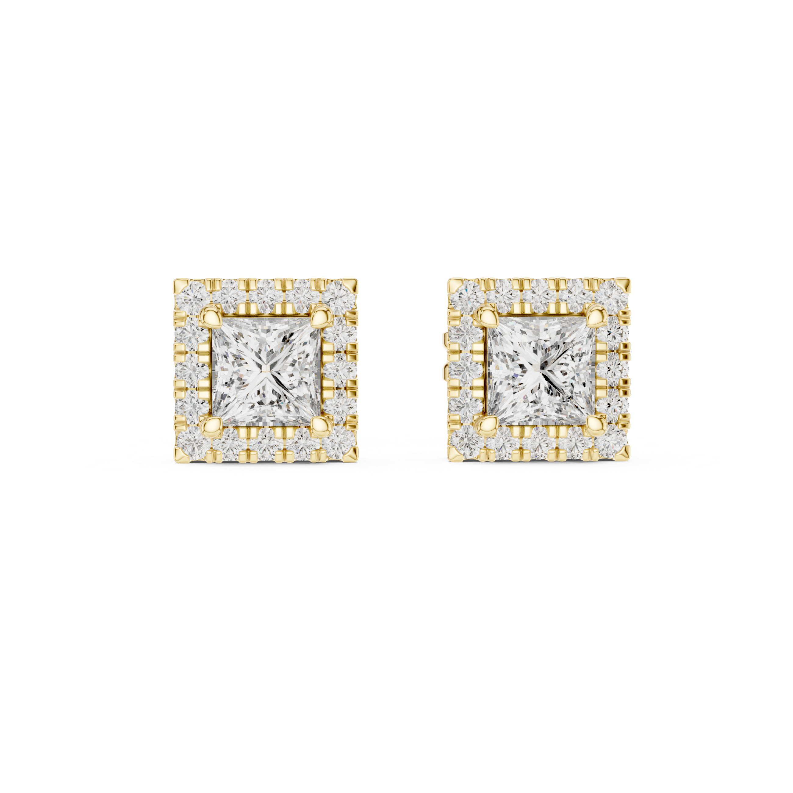 Pair of square-shaped diamond earrings with gold accents on a white background