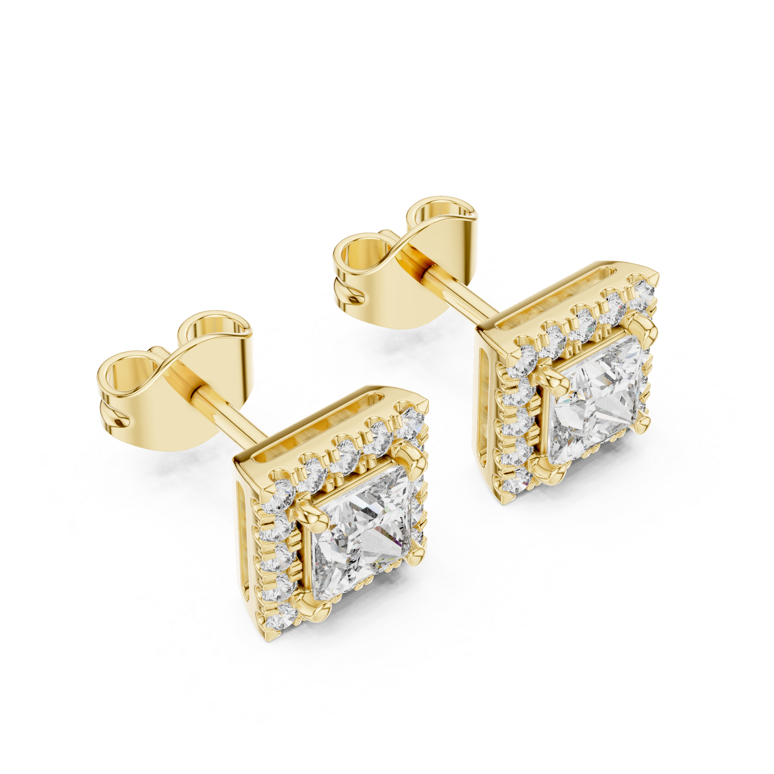 Pair of square-shaped diamond earrings with gold accents on a white background