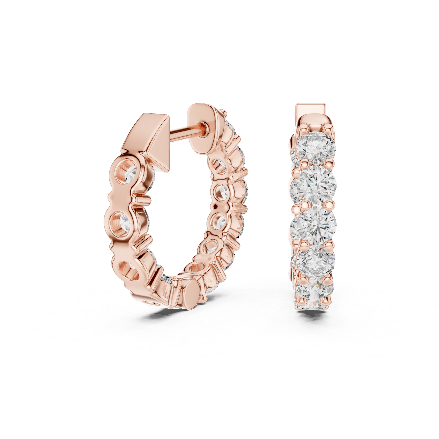 Rose gold hoop earrings with diamond accents on a white background