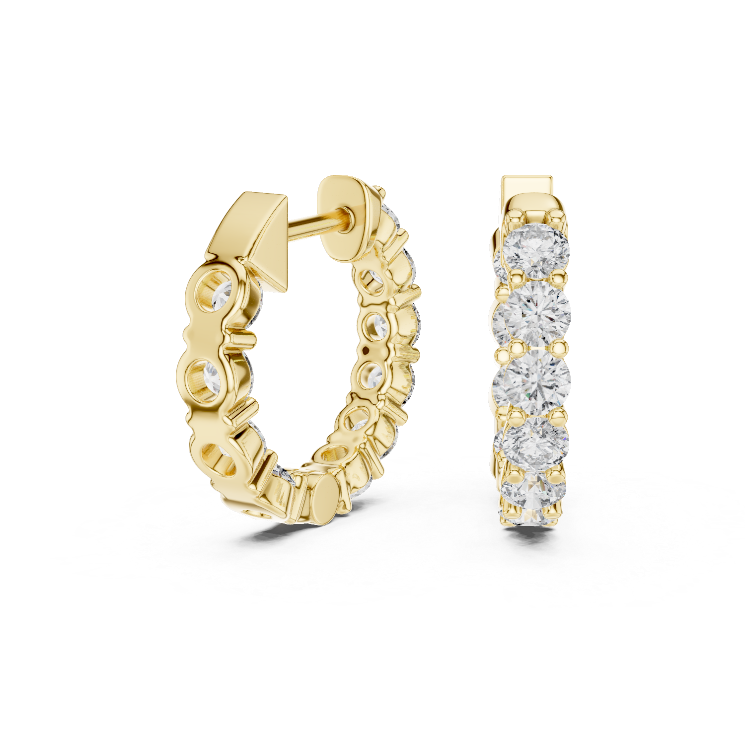Gold hoop earrings with diamond accents on a white background