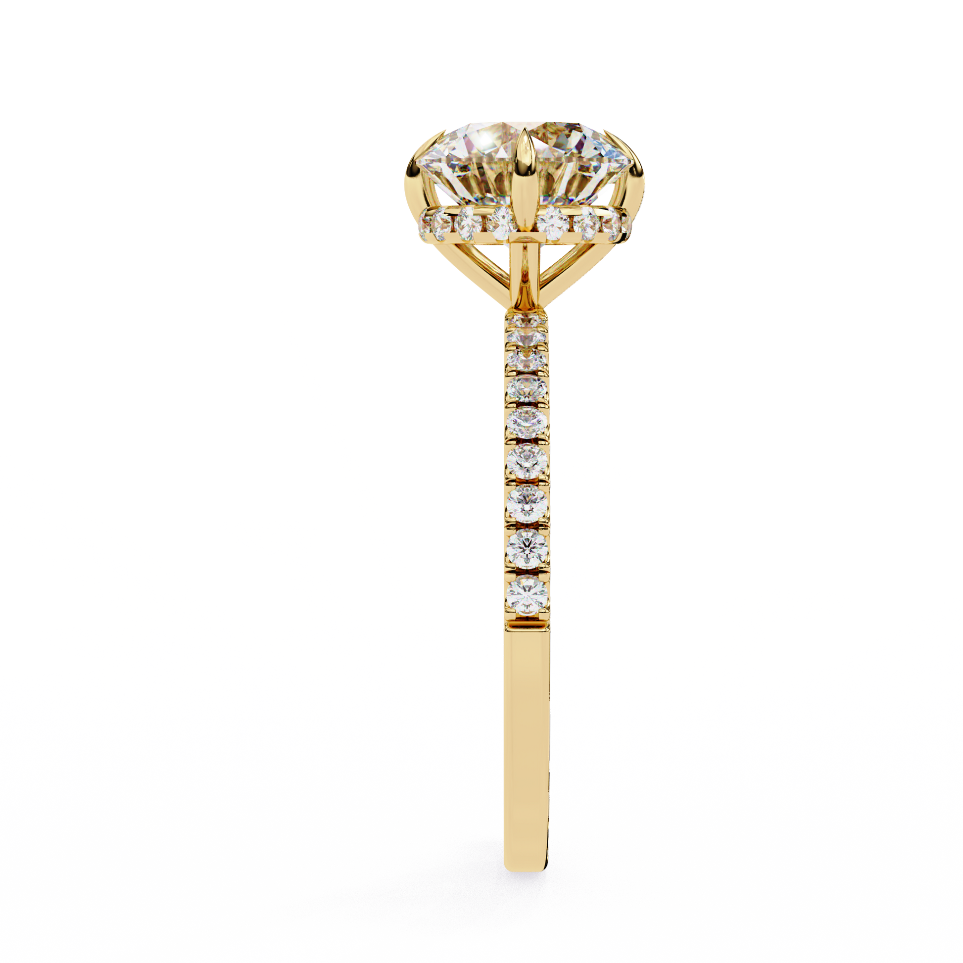 Gold ring with a large diamond and smaller diamonds on the band against a white background