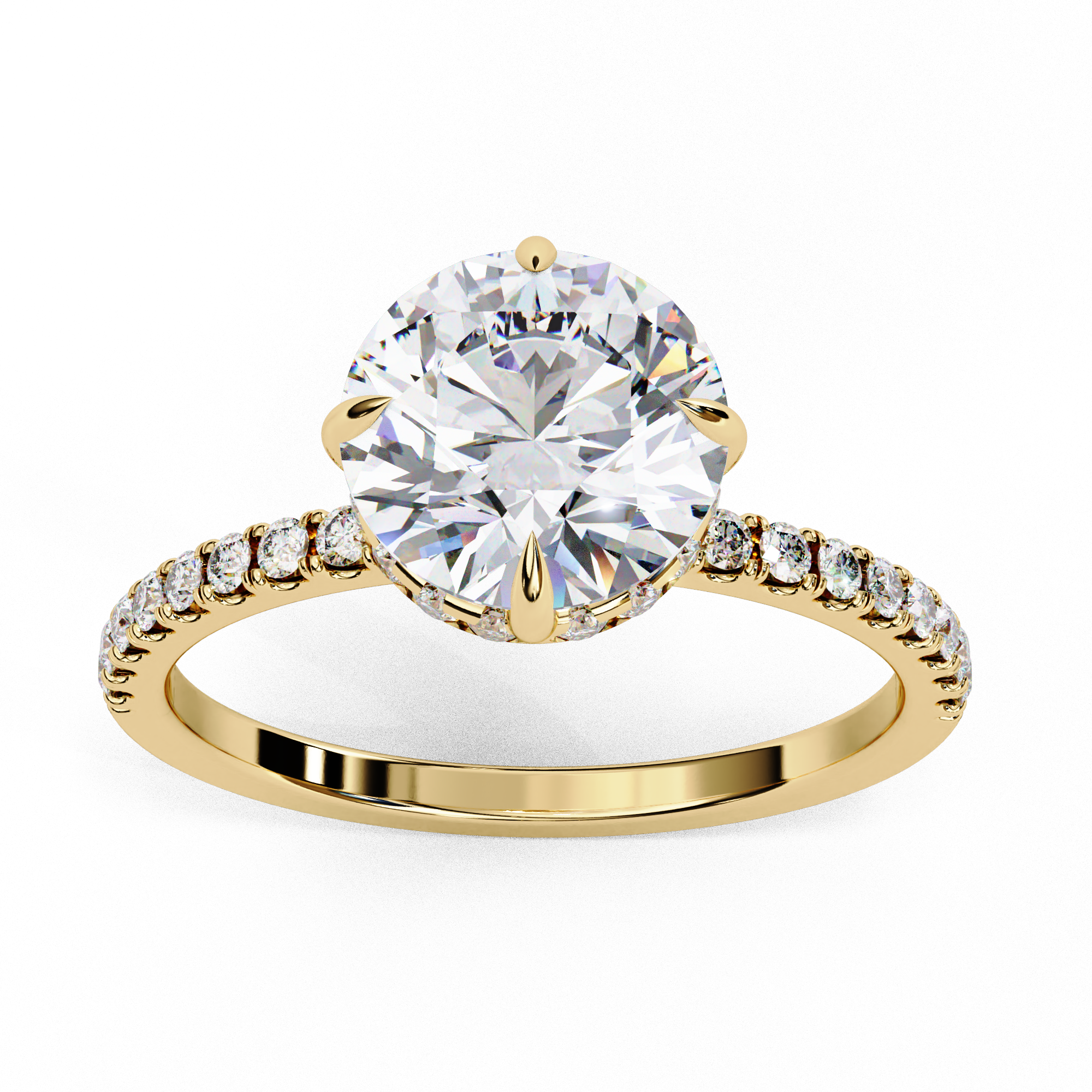 Gold ring with a large diamond and smaller diamonds on the band against a white background