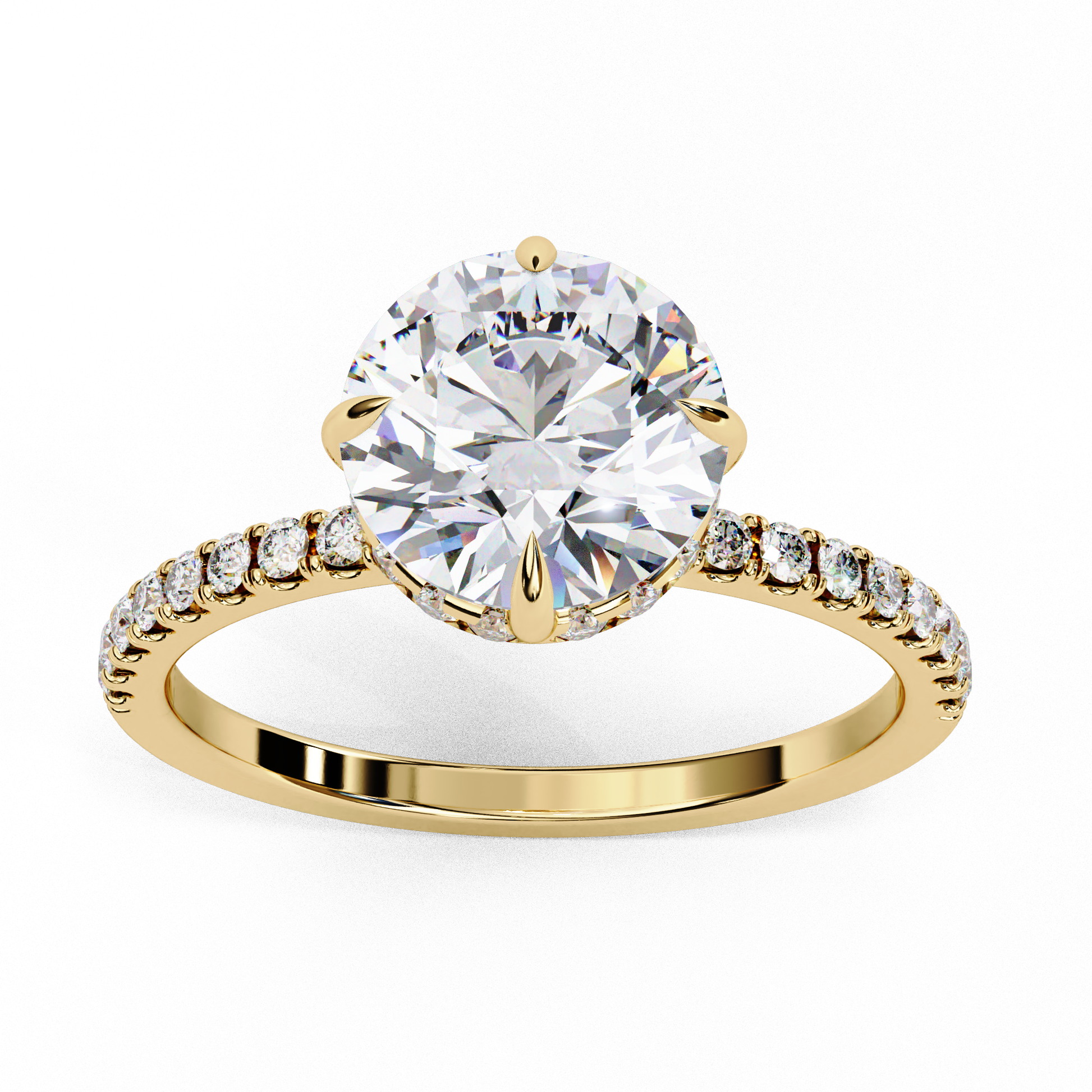 Gold ring with a large diamond and smaller diamonds on the band against a white background