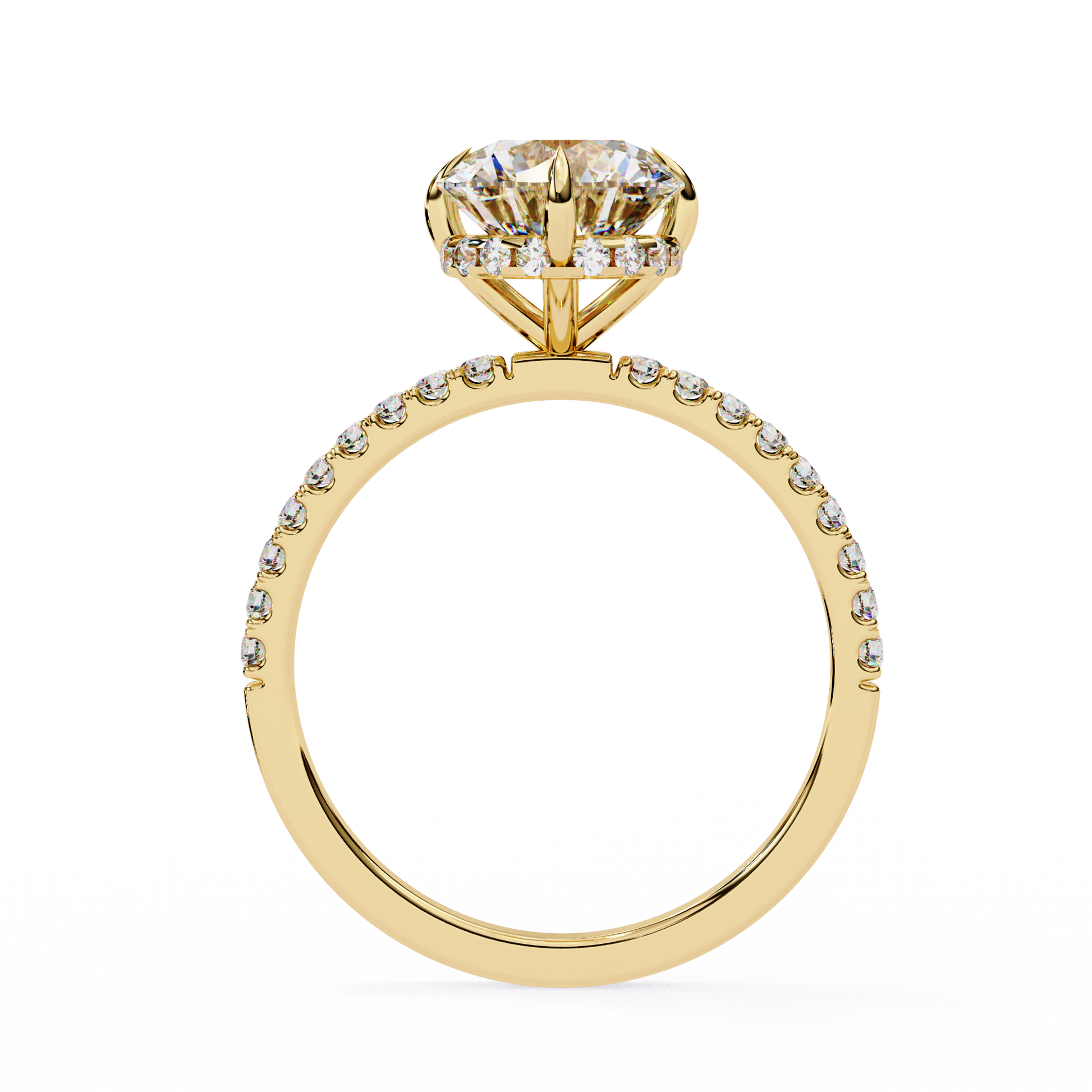 Gold ring with a large diamond and smaller diamonds on the band against a white background