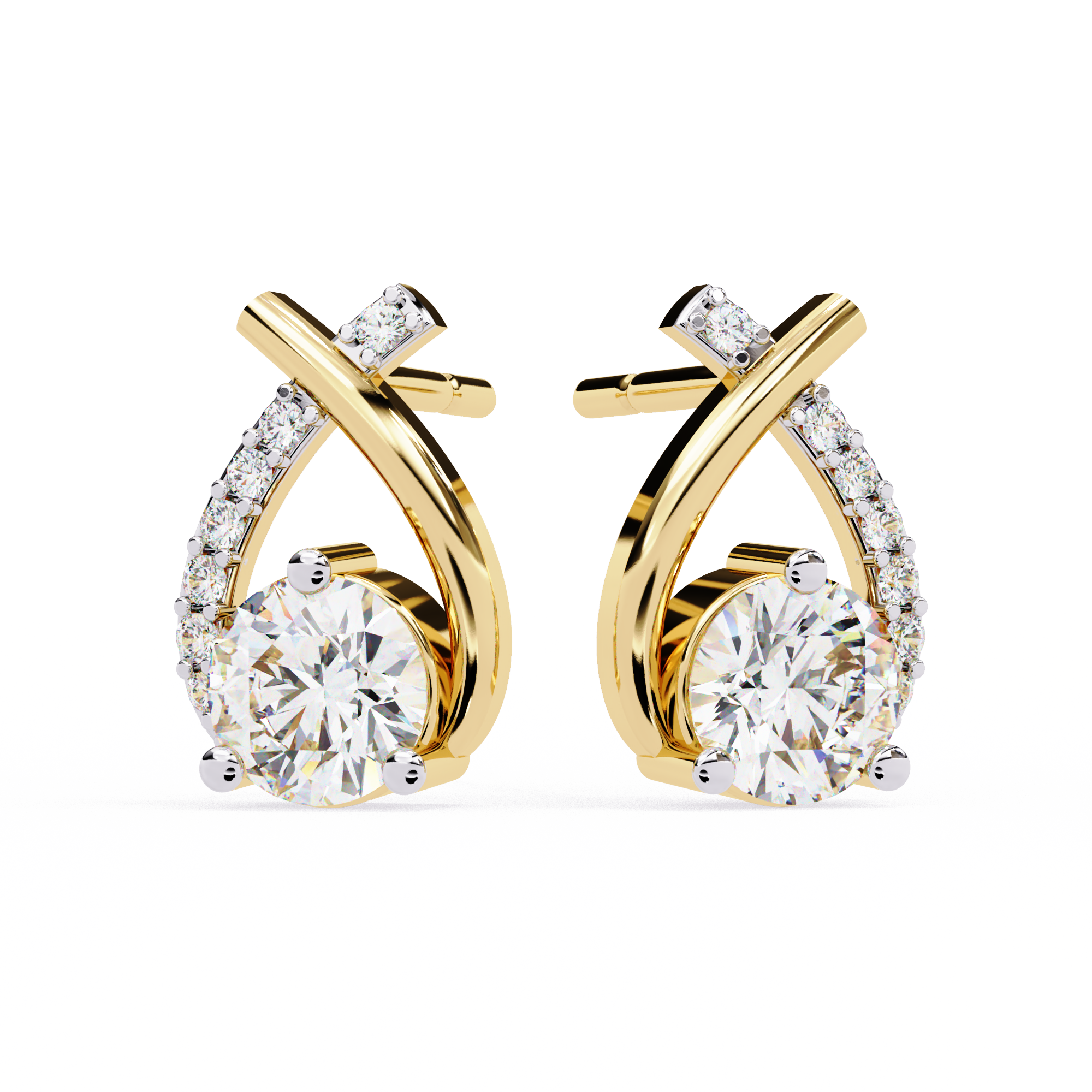 18K Yellow Gold Criss-Cross Pave Diamond Stud Earrings with Round Brilliant Solitaire Center Stone