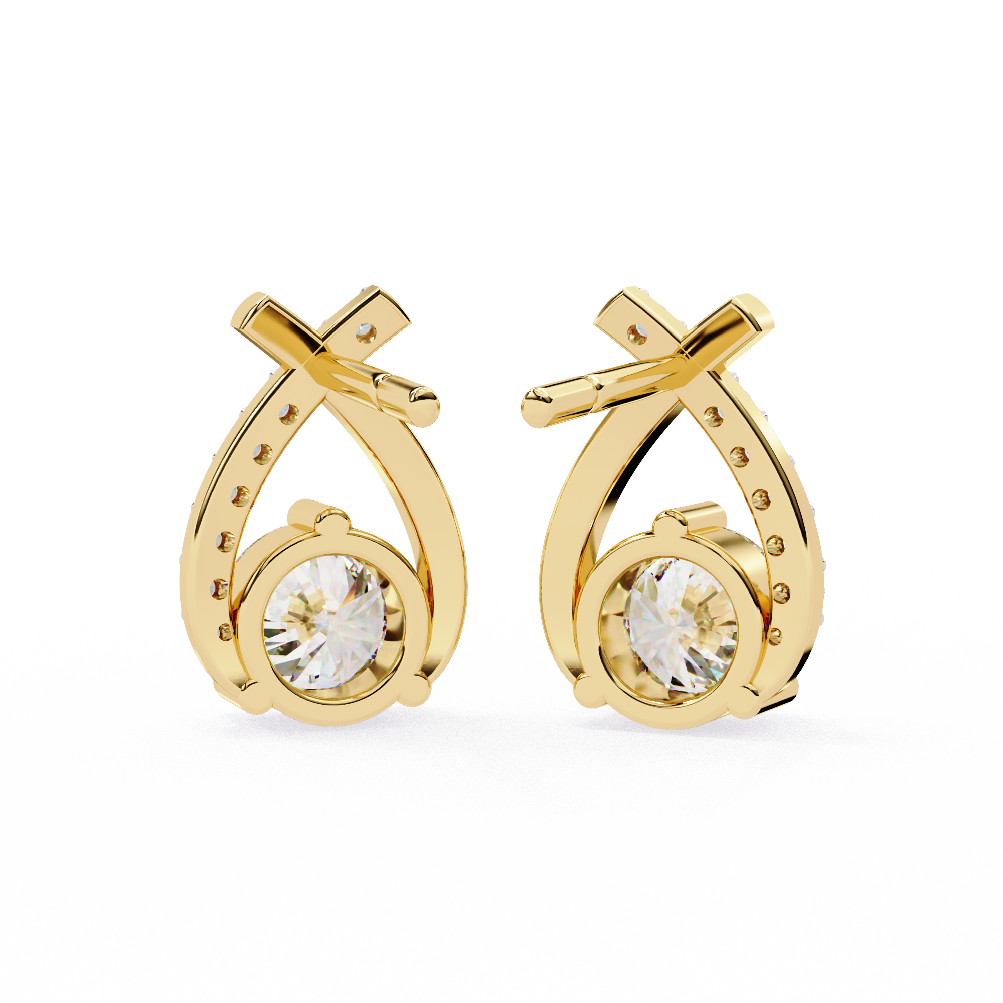 18K Yellow Gold Criss-Cross Pave Diamond Stud Earrings with Round Brilliant Solitaire Center Stone