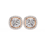 Pair of diamond earrings with rose gold accents on a white background