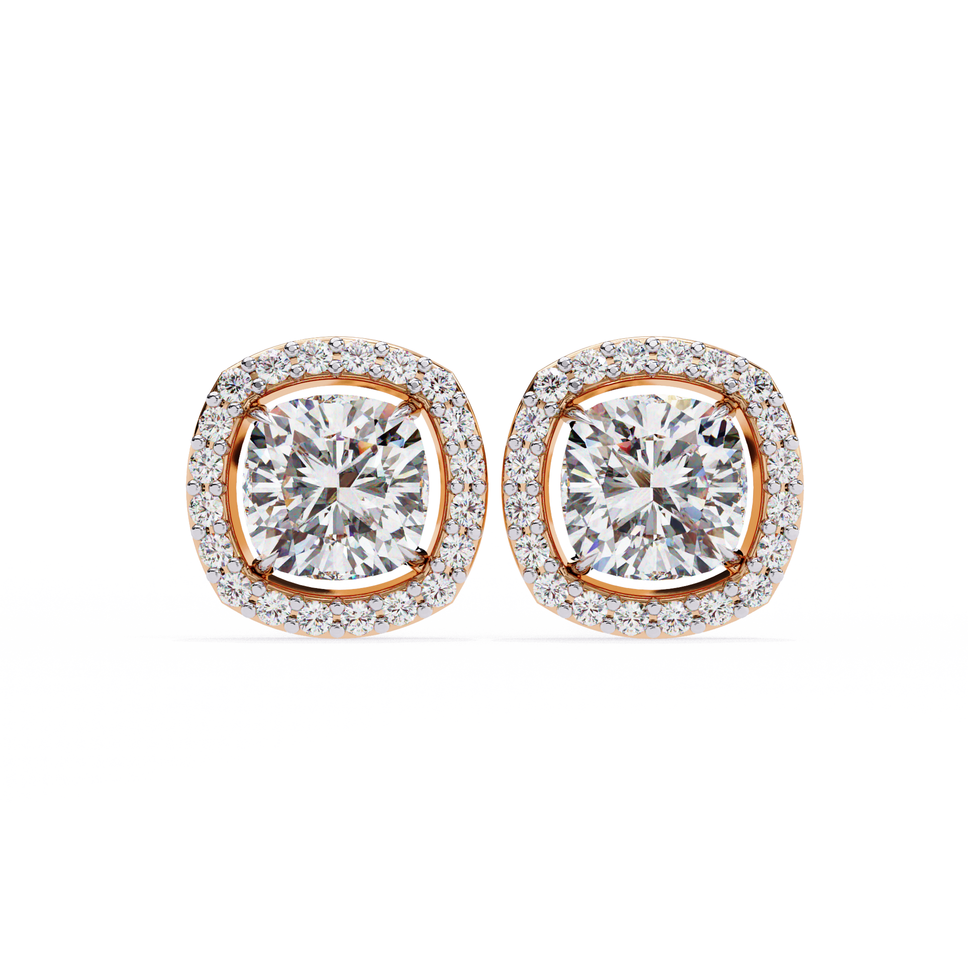 Pair of diamond earrings with rose gold accents on a white background
