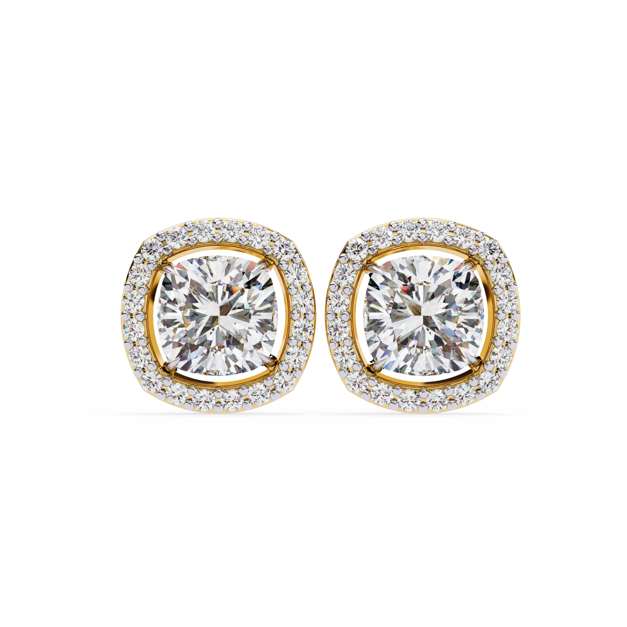 Pair of gold and diamond earrings on a white background