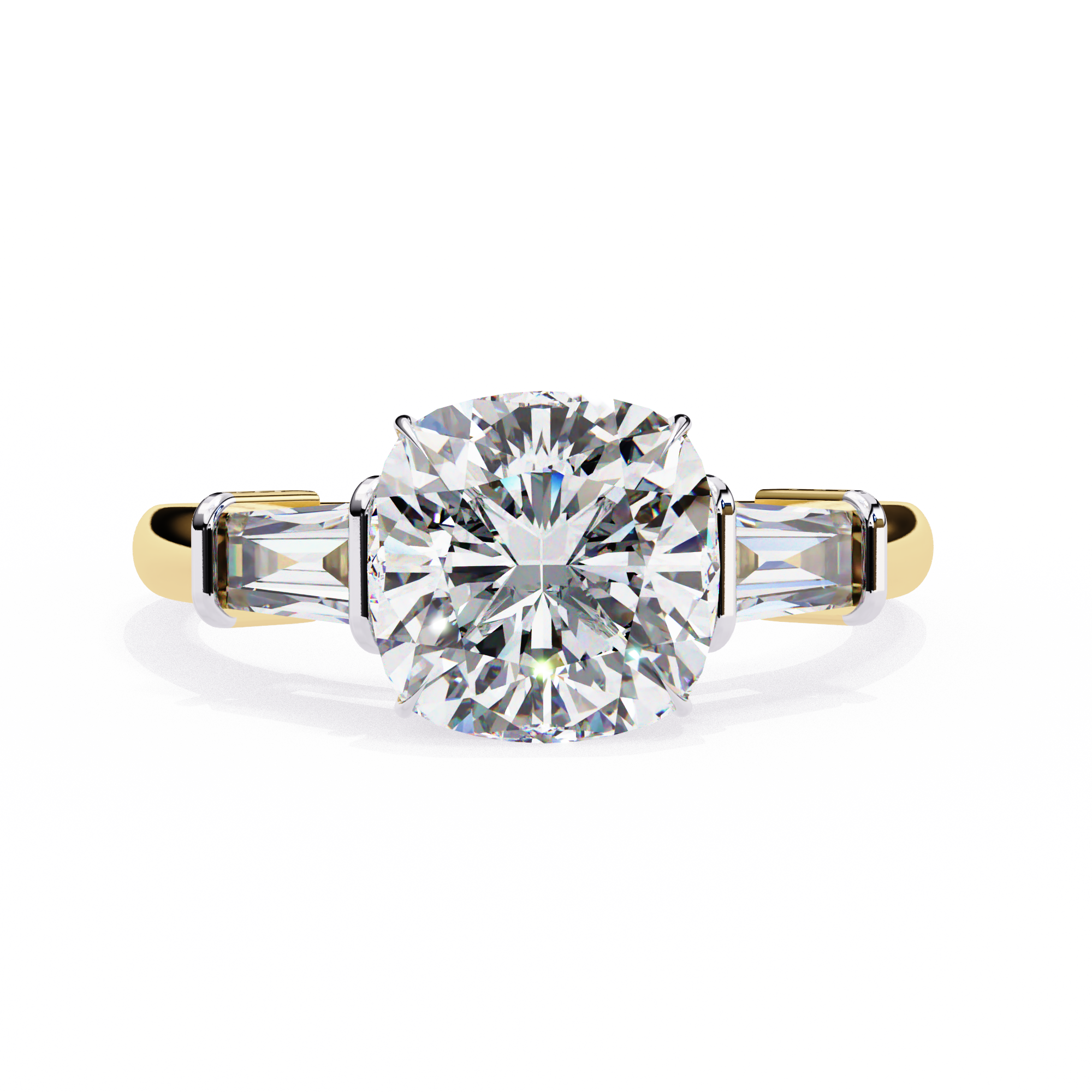trilogy ring features a magnificent Cushion-cut solitaire flanked by two tapering baguette diamonds