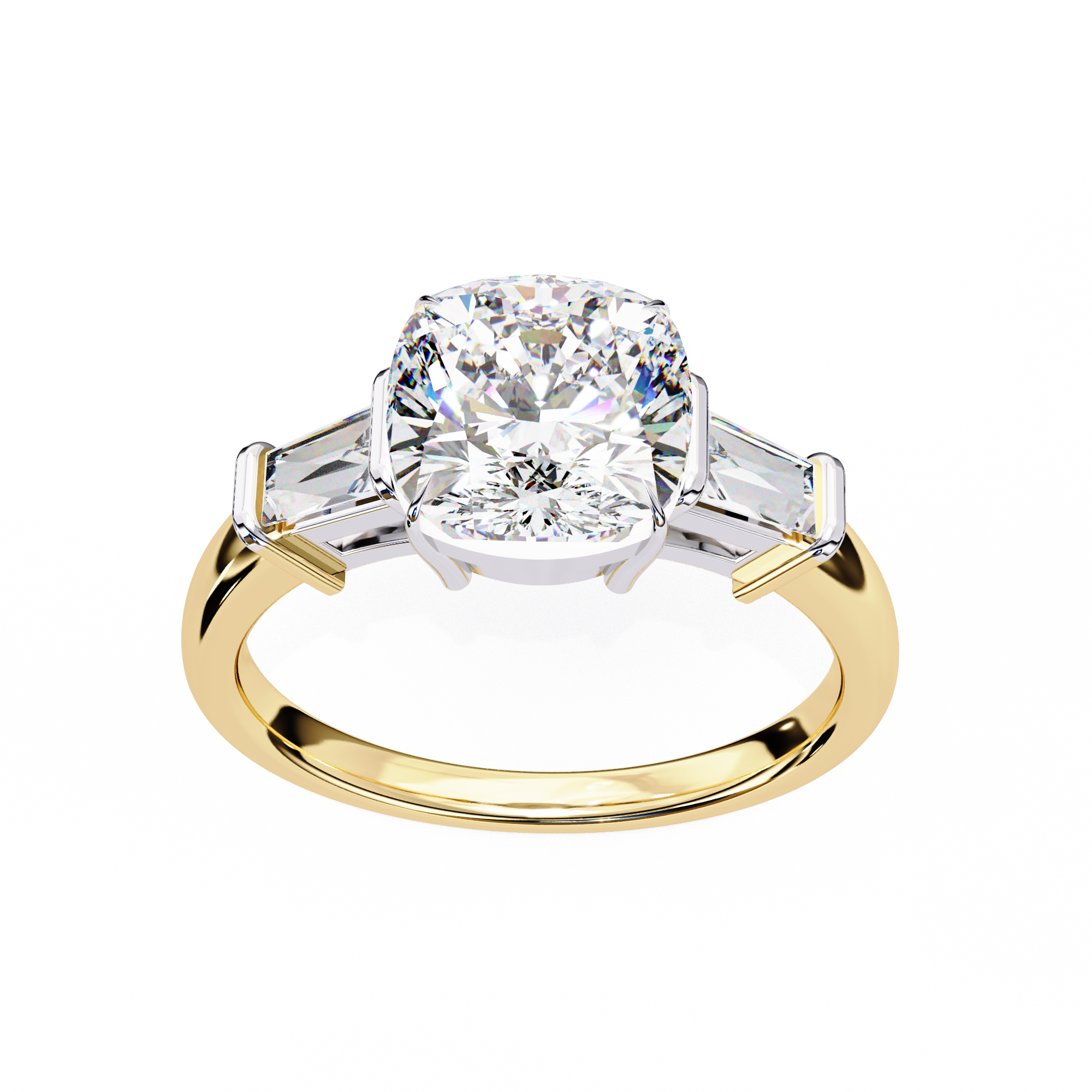 trilogy ring features a magnificent Cushion-cut solitaire flanked by two tapering baguette diamonds
