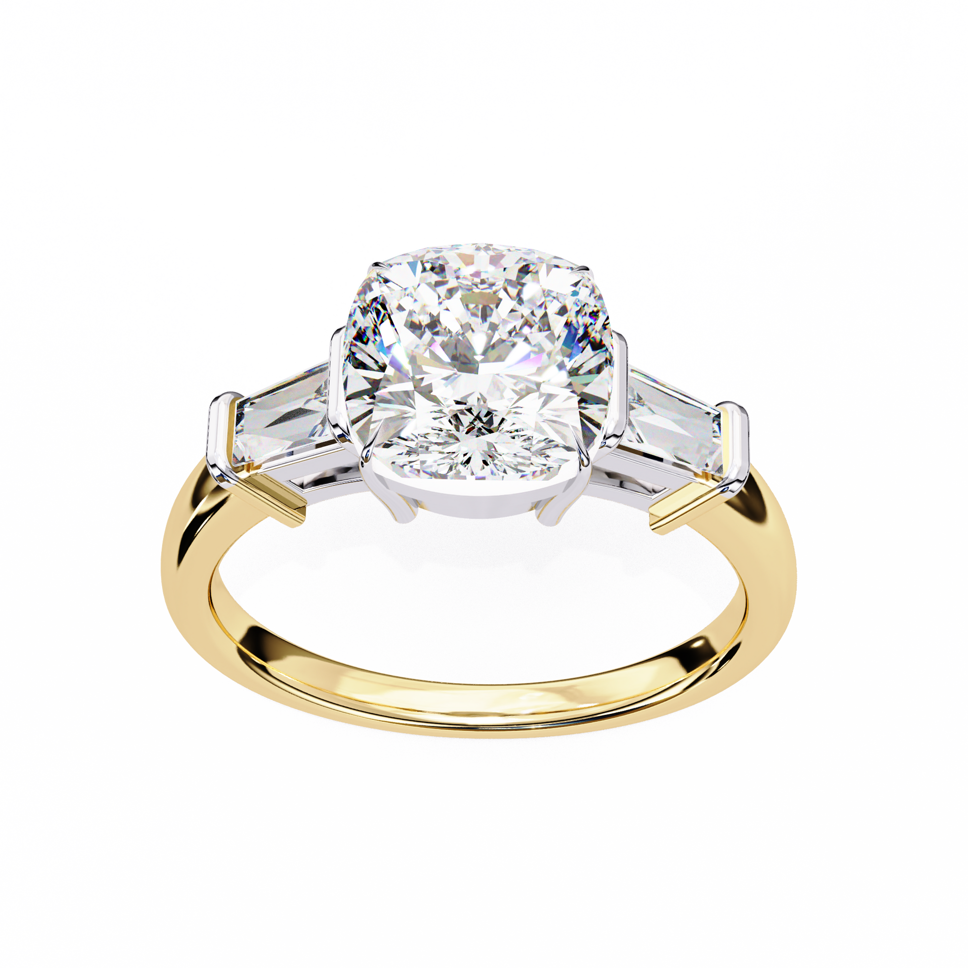 trilogy ring features a magnificent Cushion-cut solitaire flanked by two tapering baguette diamonds