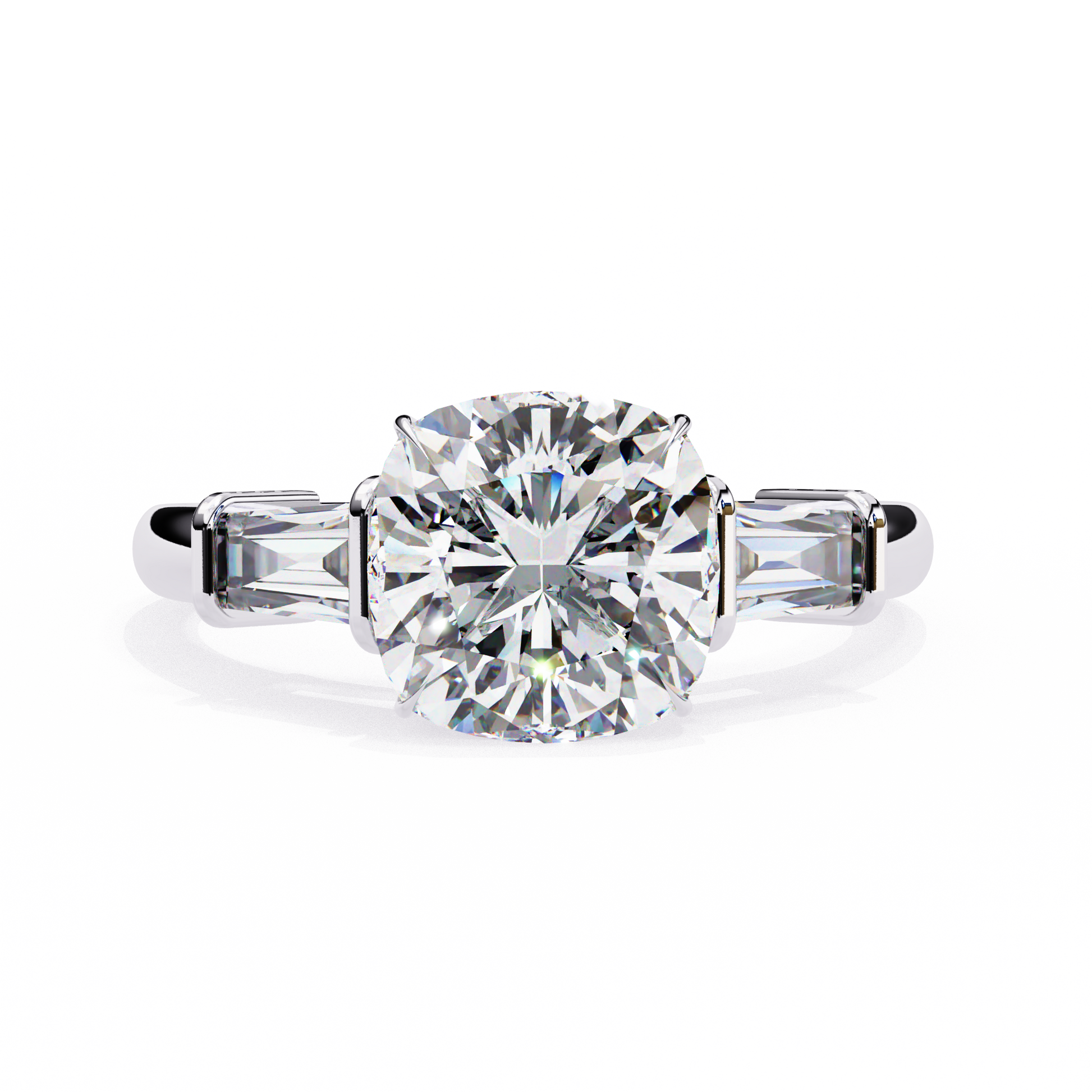 trilogy ring features a magnificent Cushion-cut solitaire flanked by two tapering baguette diamonds
