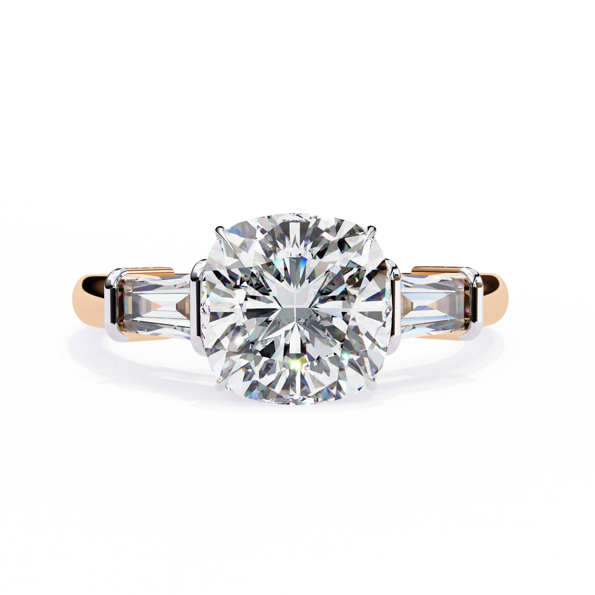trilogy ring features a magnificent Cushion-cut solitaire flanked by two tapering baguette diamonds