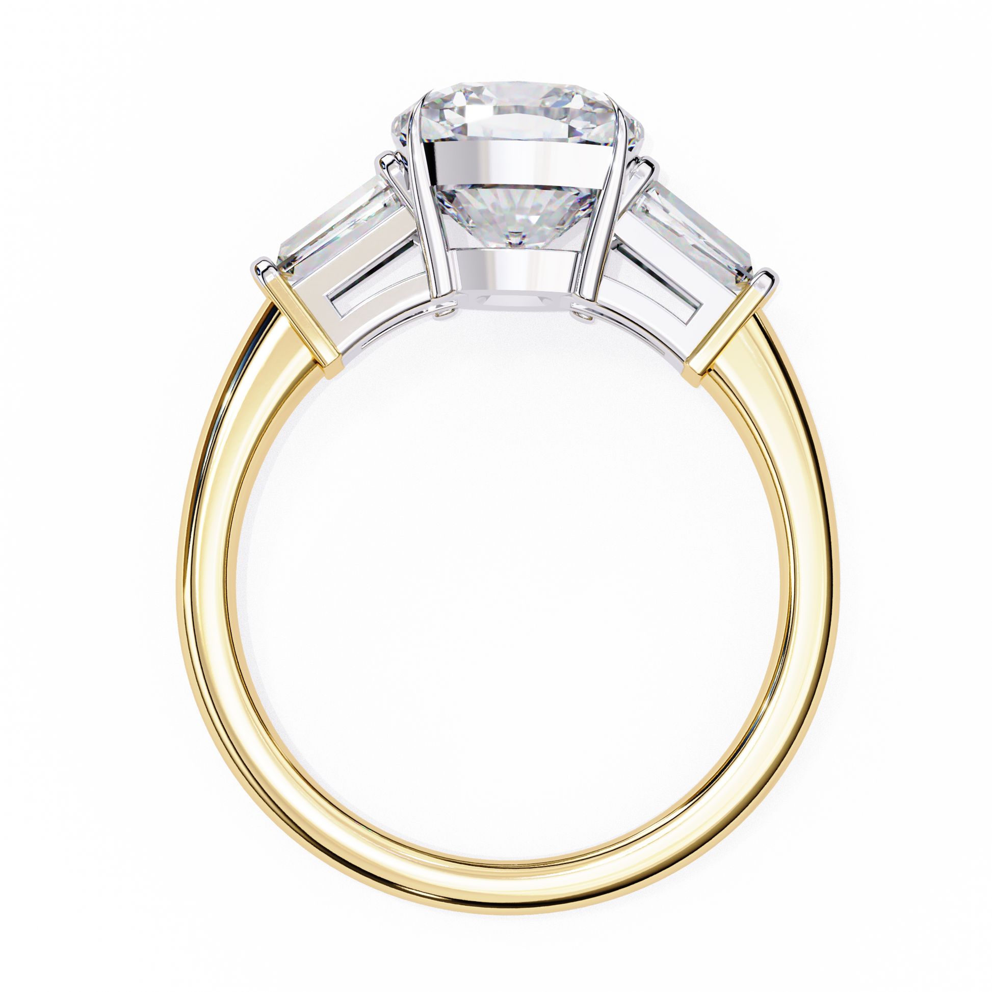 trilogy ring features a magnificent Cushion-cut solitaire flanked by two tapering baguette diamonds