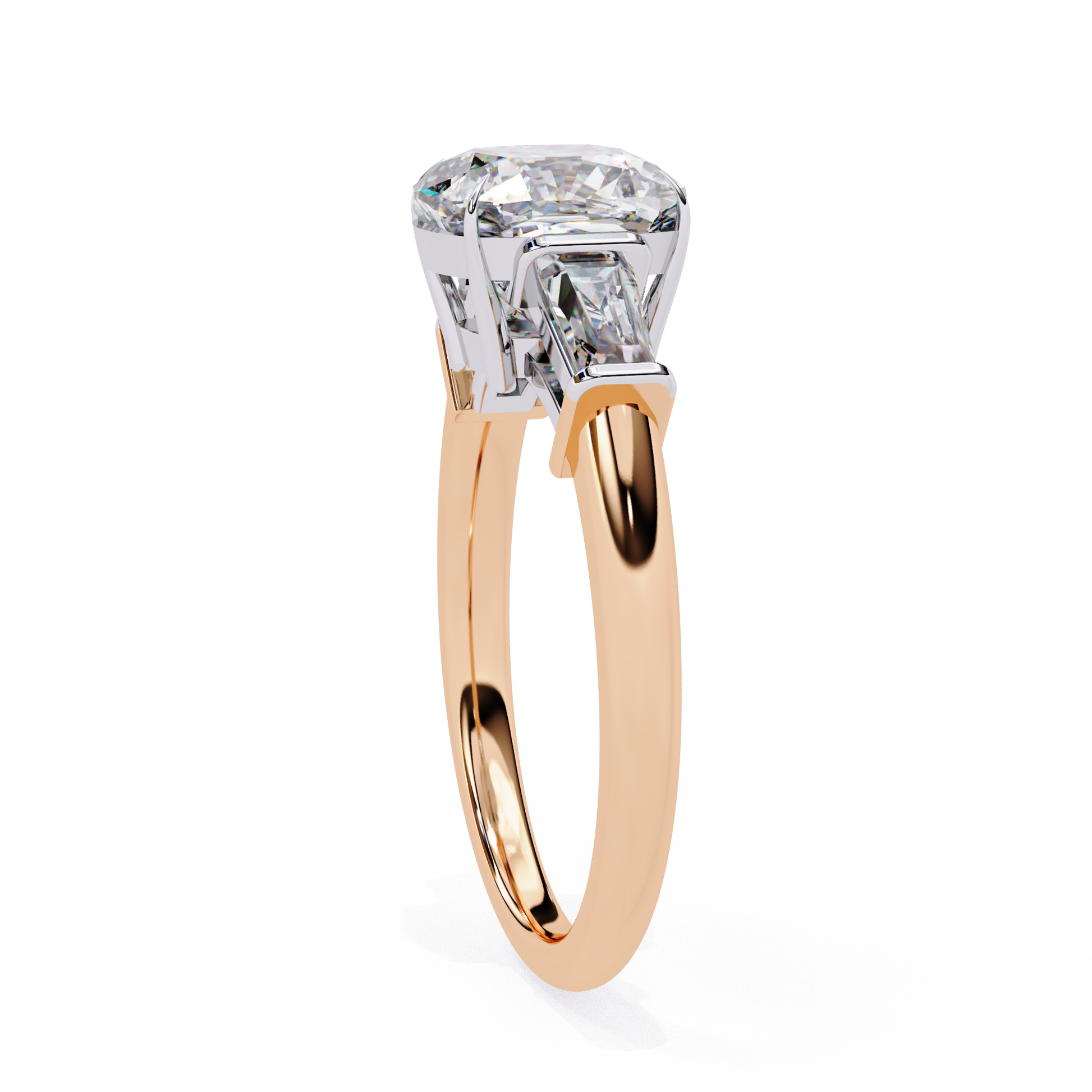 trilogy ring features a magnificent Cushion-cut solitaire flanked by two tapering baguette diamonds