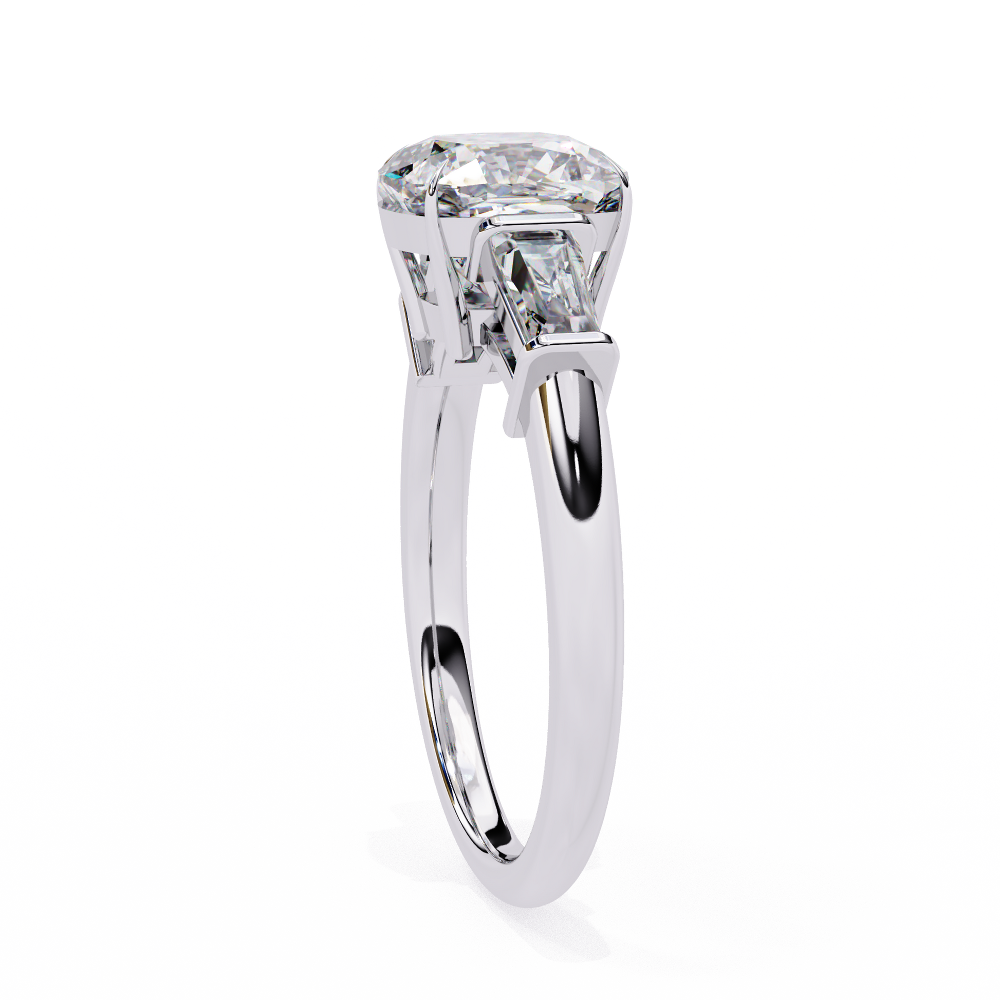trilogy ring features a magnificent Cushion-cut solitaire flanked by two tapering baguette diamonds