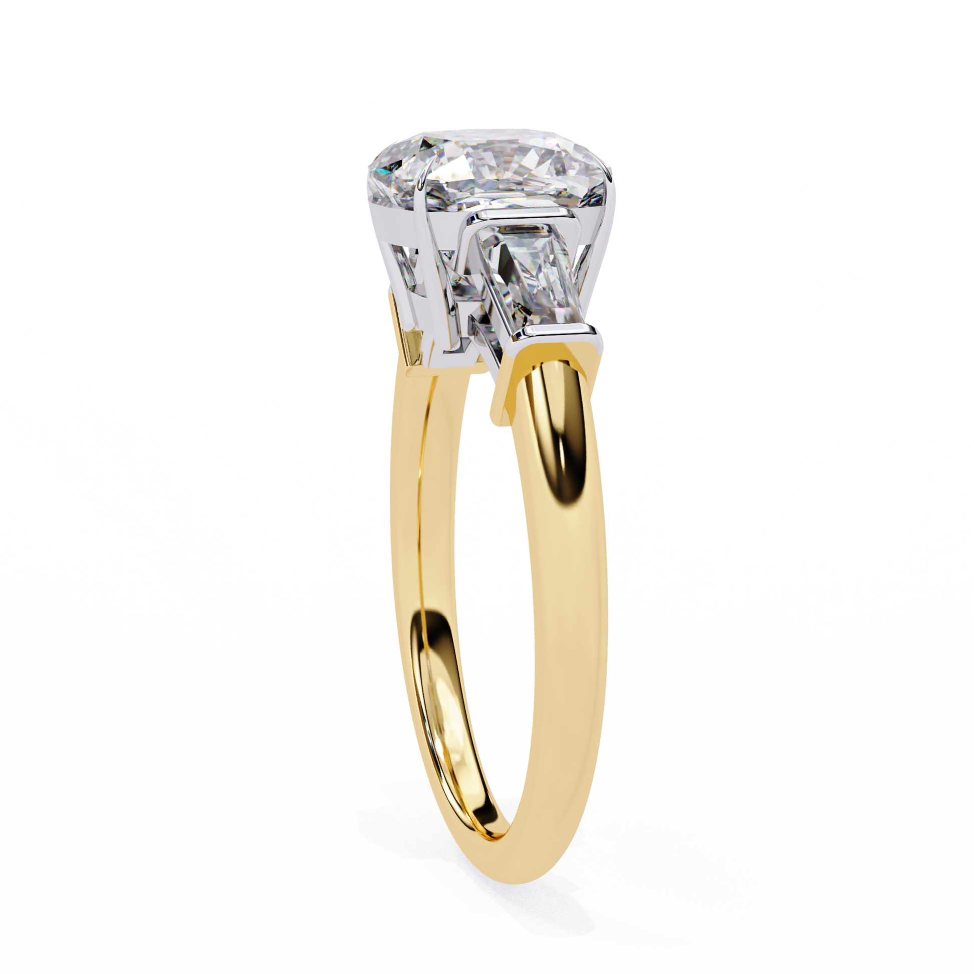 trilogy ring features a magnificent Cushion-cut solitaire flanked by two tapering baguette diamonds
