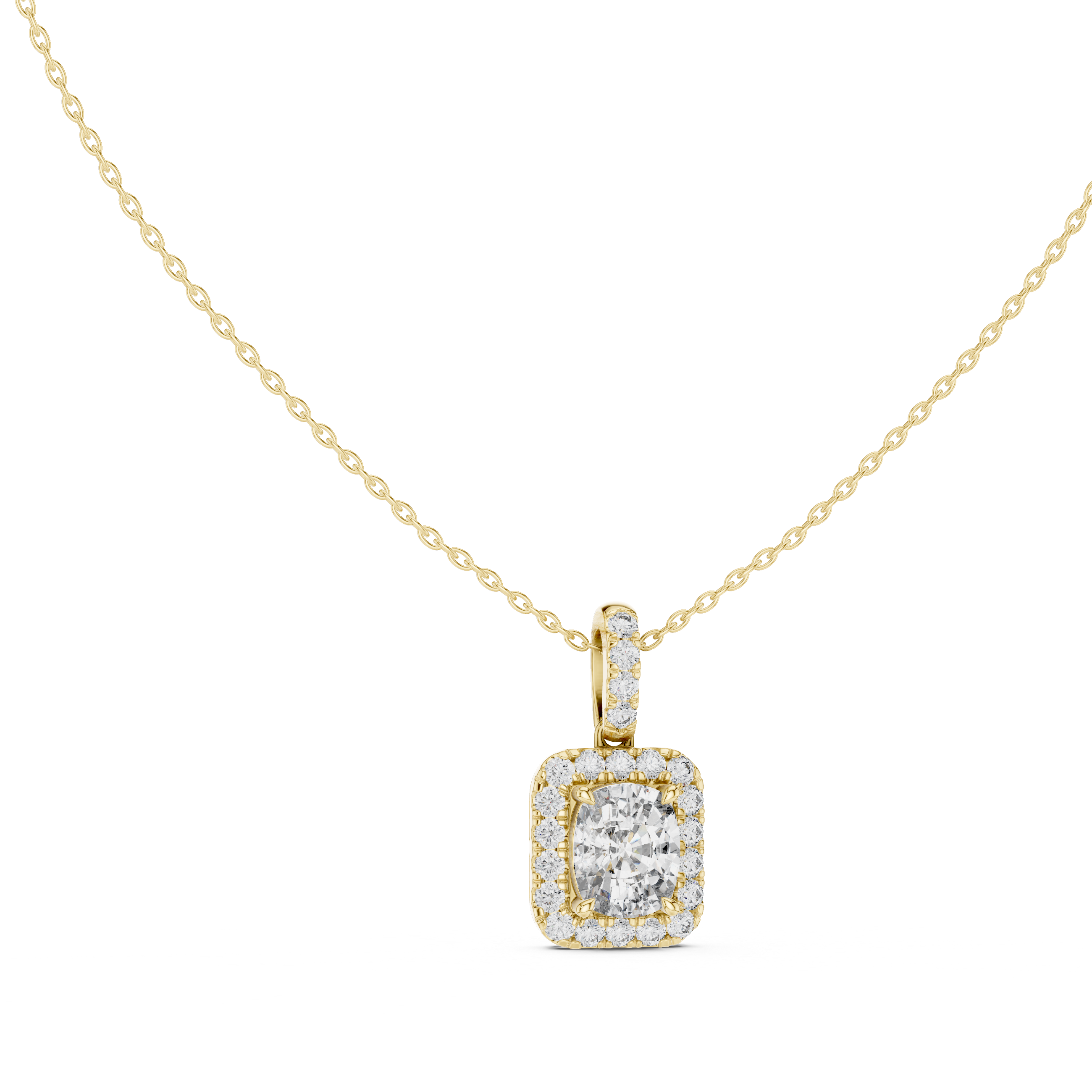 This spectacular pendant features a magnificent Cushion-cut diamond framed by a seamless closed halo of shimmering round diamonds