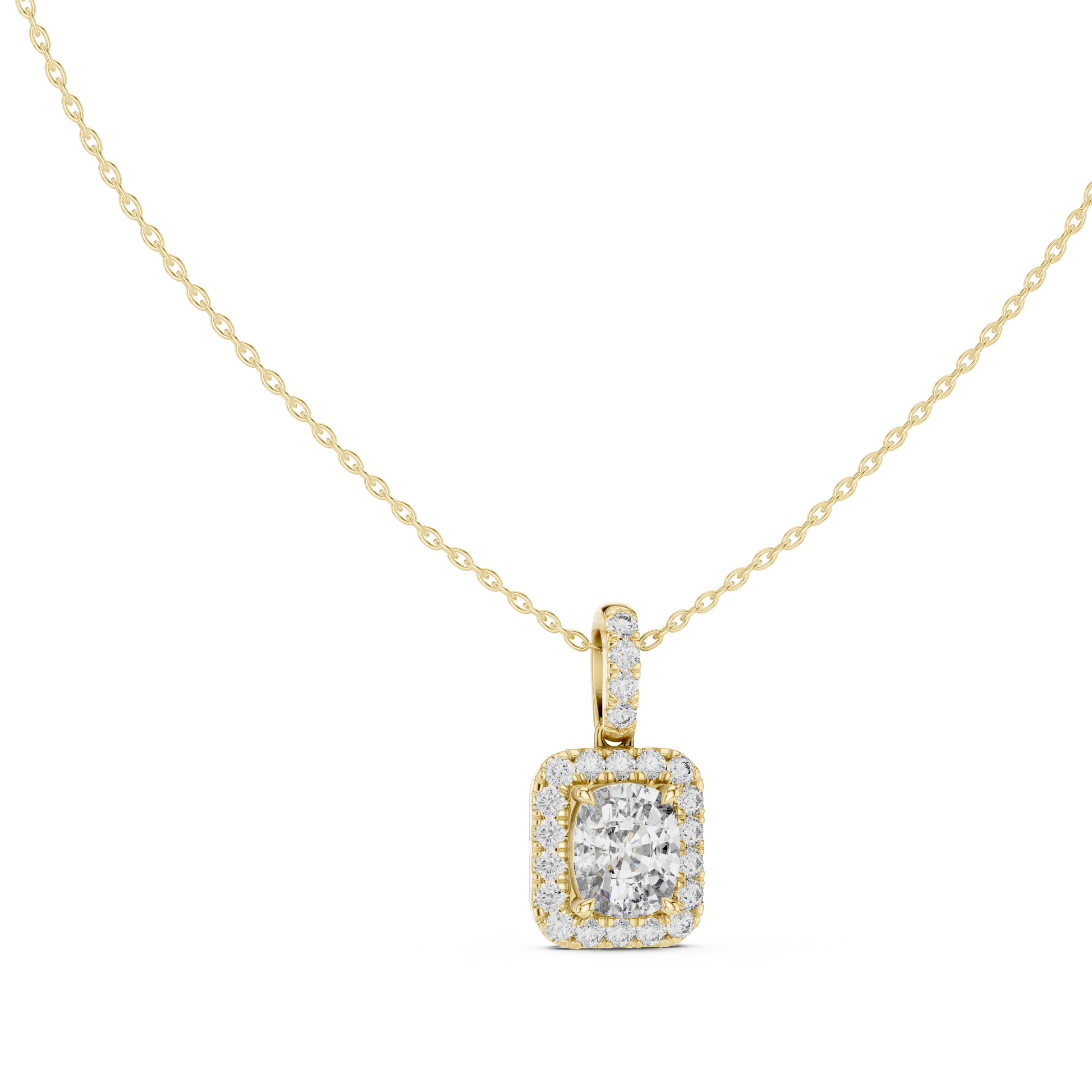 This spectacular pendant features a magnificent Cushion-cut diamond framed by a seamless closed halo of shimmering round diamonds