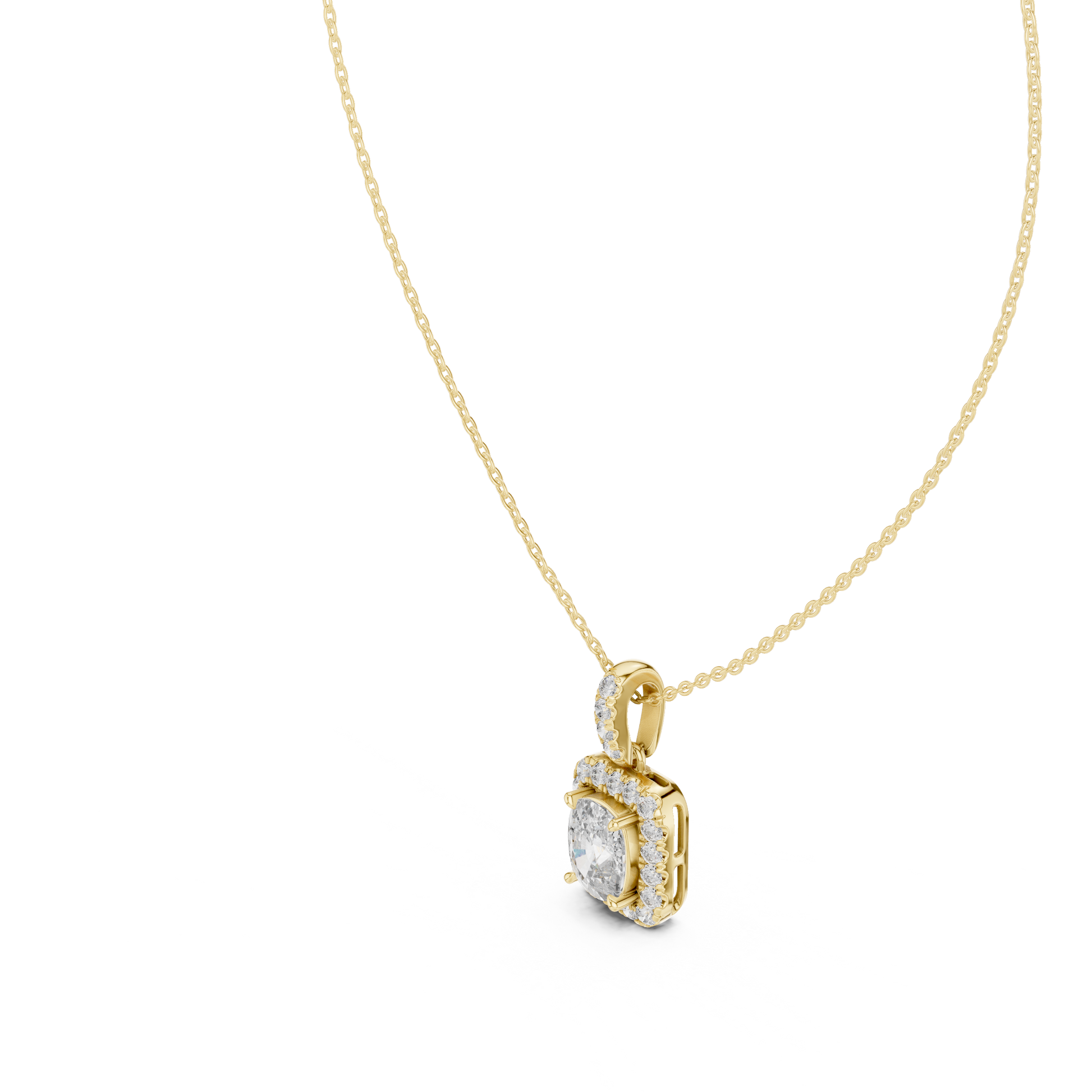 This spectacular pendant features a magnificent Cushion-cut diamond framed by a seamless closed halo of shimmering round diamonds