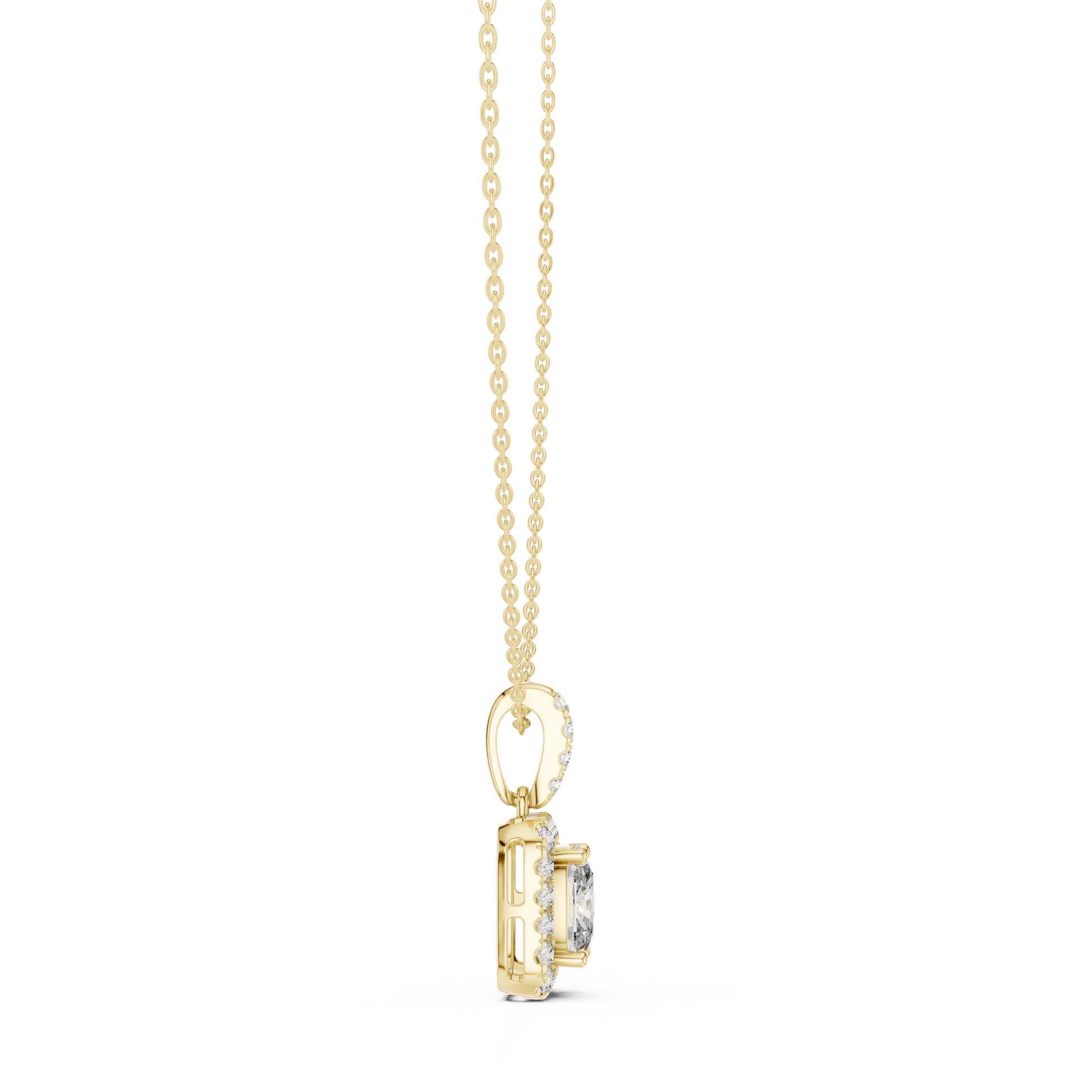 This spectacular pendant features a magnificent Cushion-cut diamond framed by a seamless closed halo of shimmering round diamonds